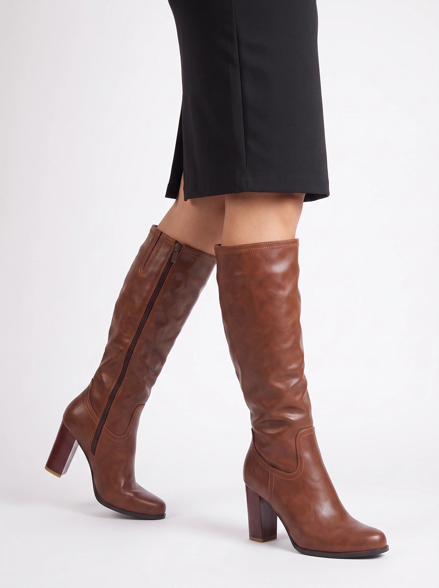 Corteza Knee High Block Heel Boots – Women Leather Winter Heeled Boots Side Zip Ladies Fashion Boots