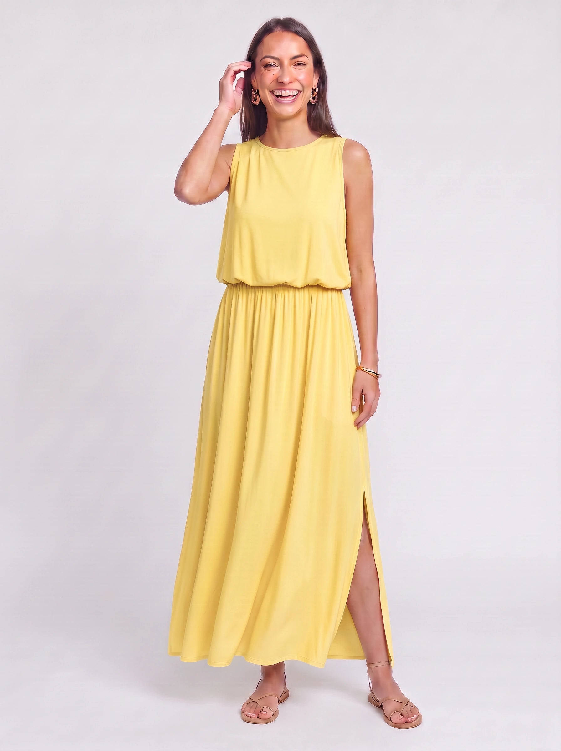 Solrise Sleeveless Blouson Maxi Dress – Casual Maxi Dresses Women Sundresses Side Slit Elastic Waist