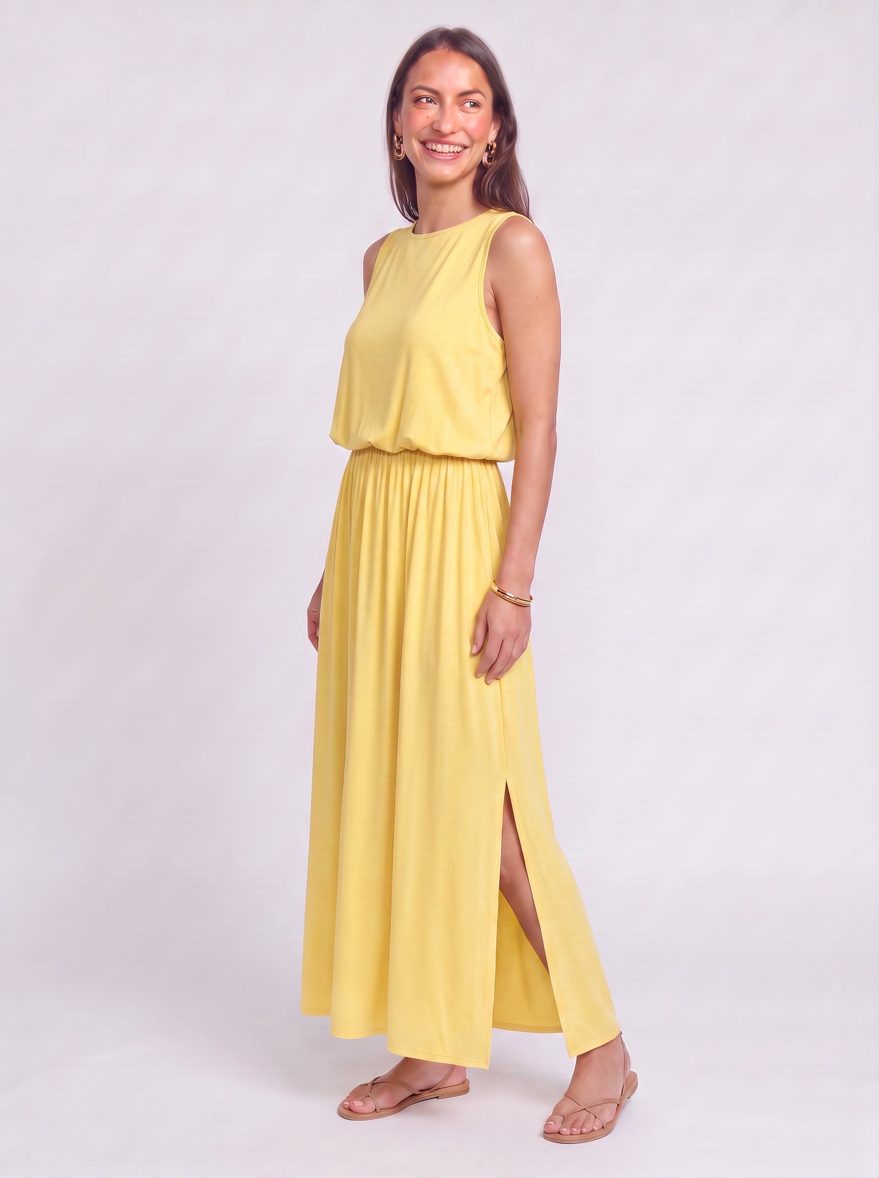 Solrise Sleeveless Blouson Maxi Dress – Casual Maxi Dresses Women Sundresses Side Slit Elastic Waist