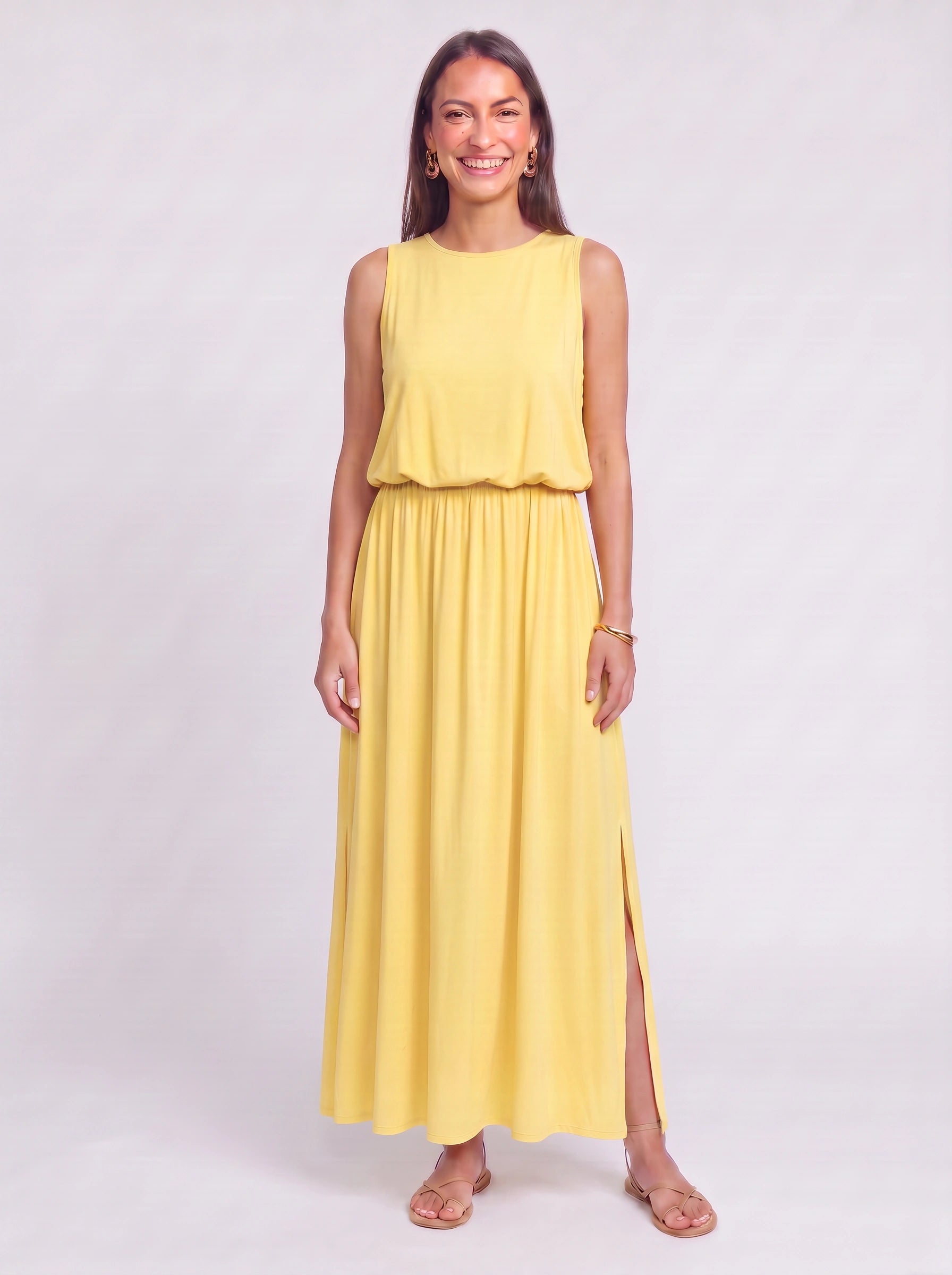 Solrise Sleeveless Blouson Maxi Dress – Casual Maxi Dresses Women Sundresses Side Slit Elastic Waist