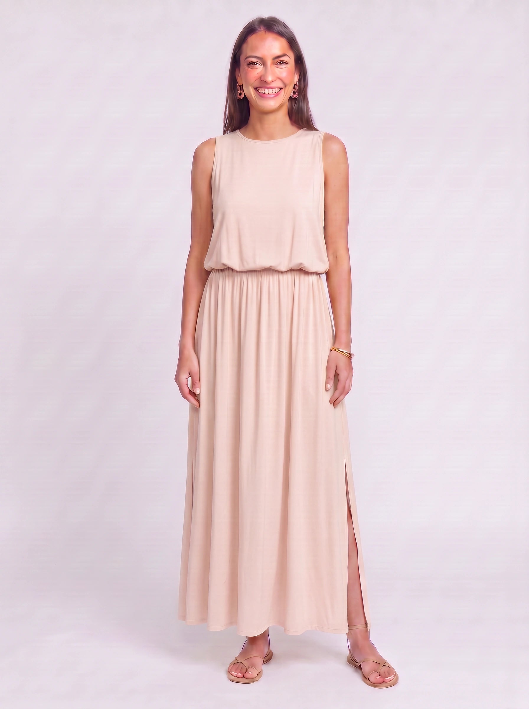 Solrise Sleeveless Blouson Maxi Dress – Casual Maxi Dresses Women Sundresses Side Slit Elastic Waist