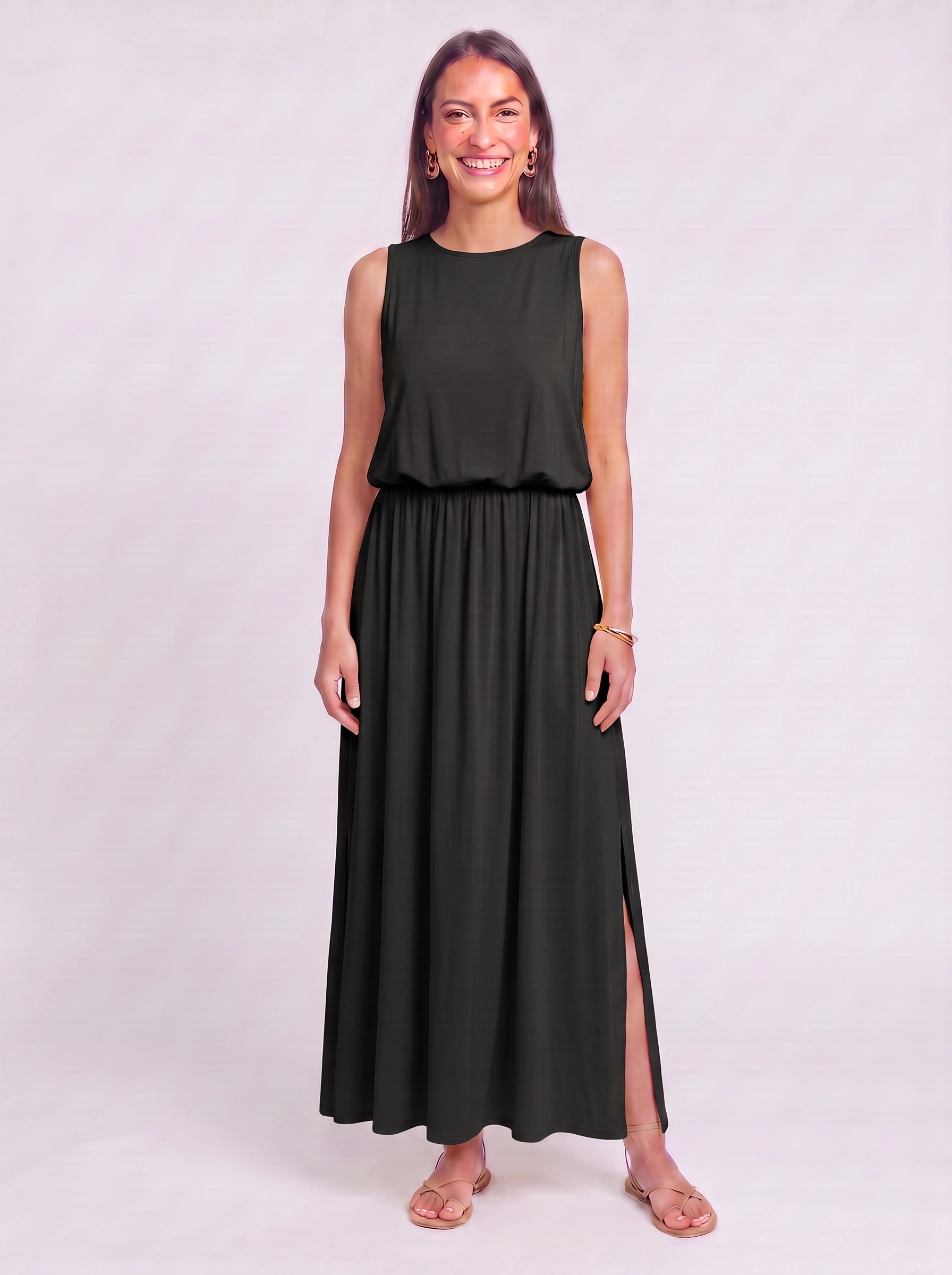 Solrise Sleeveless Blouson Maxi Dress – Casual Maxi Dresses Women Sundresses Side Slit Elastic Waist