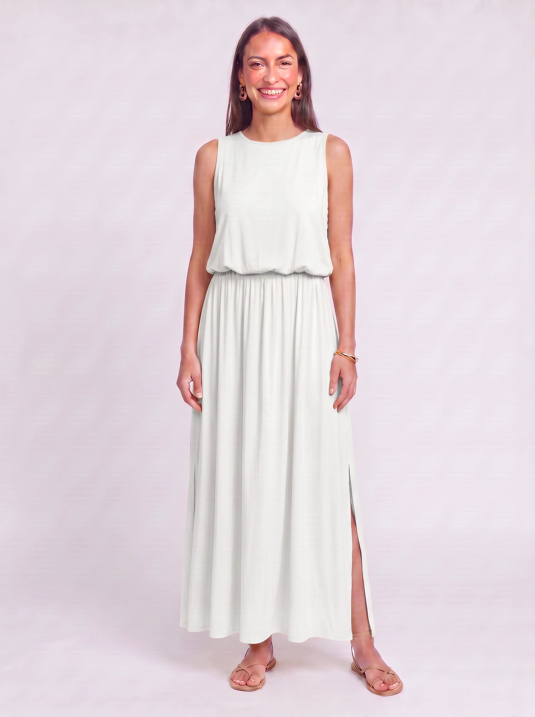 Solrise Sleeveless Blouson Maxi Dress – Casual Maxi Dresses Women Sundresses Side Slit Elastic Waist