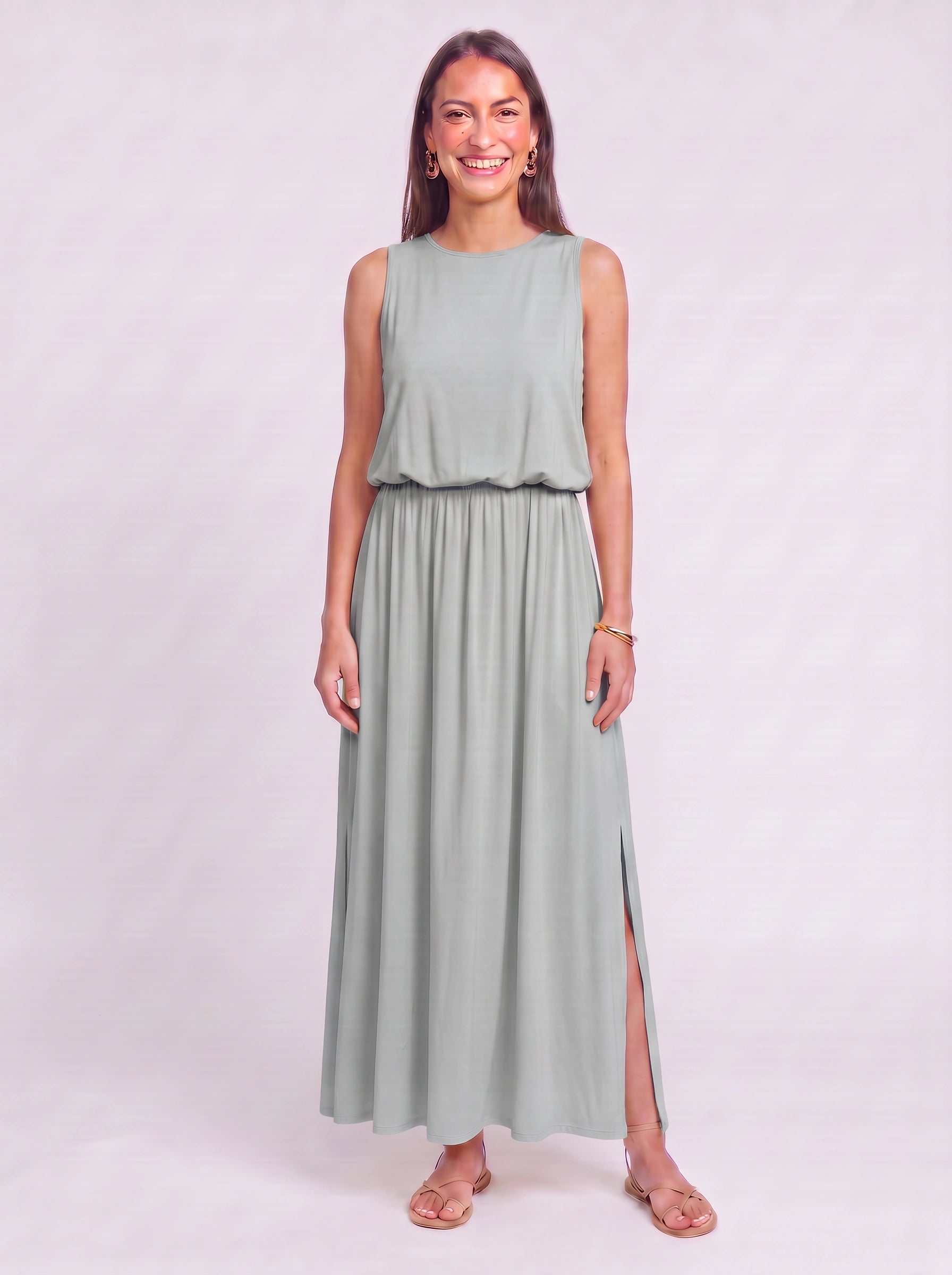 Solrise Sleeveless Blouson Maxi Dress – Casual Maxi Dresses Women Sundresses Side Slit Elastic Waist