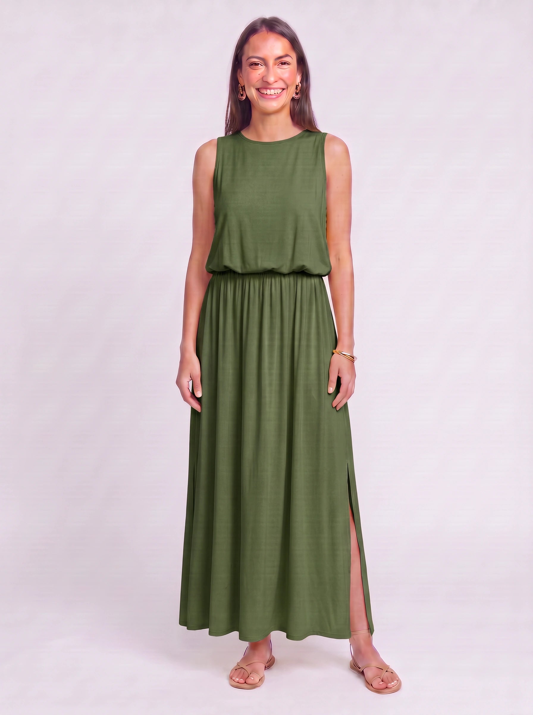 Solrise Sleeveless Blouson Maxi Dress – Casual Maxi Dresses Women Sundresses Side Slit Elastic Waist
