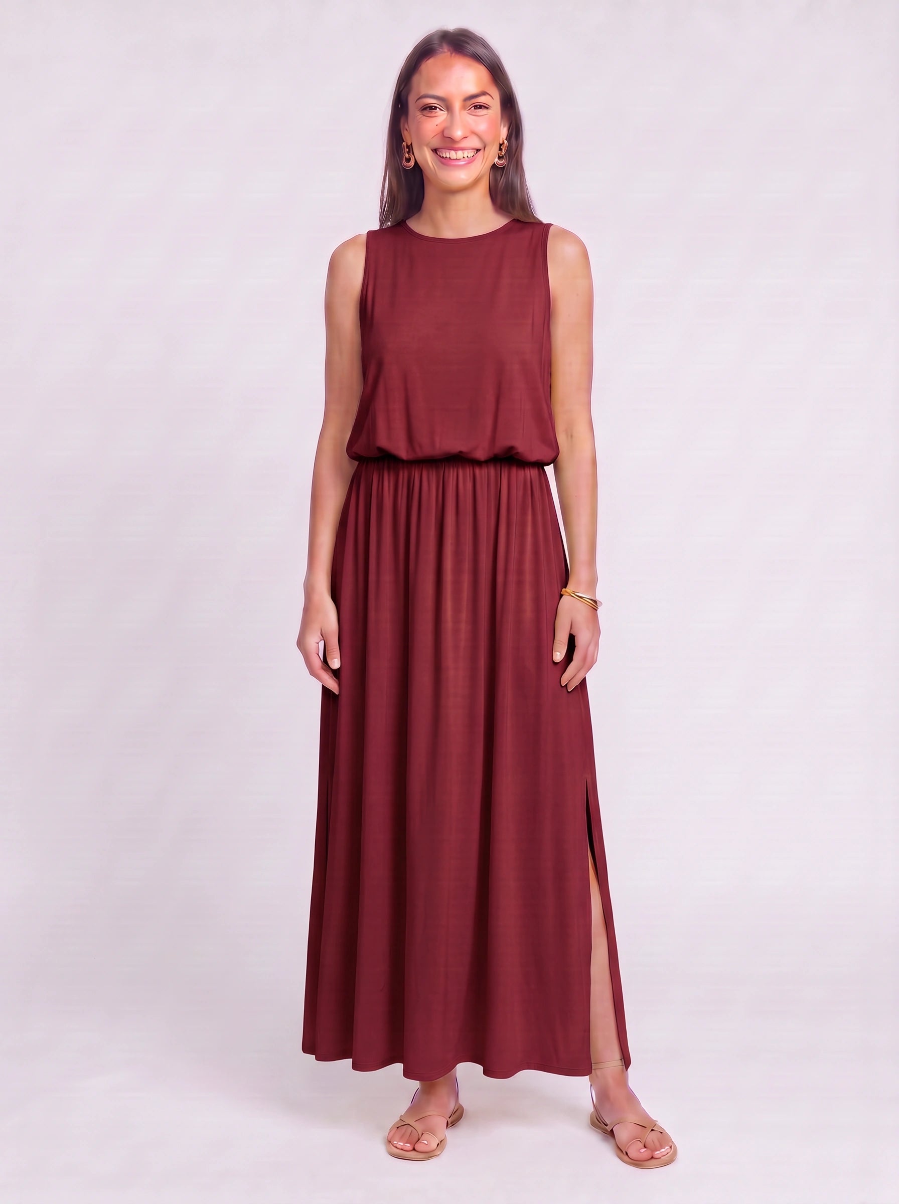 Solrise Sleeveless Blouson Maxi Dress – Casual Maxi Dresses Women Sundresses Side Slit Elastic Waist