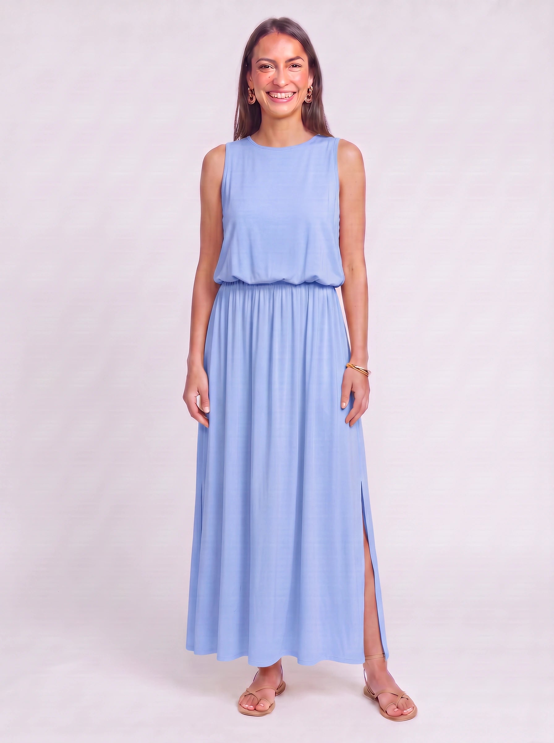 Solrise Sleeveless Blouson Maxi Dress – Casual Maxi Dresses Women Sundresses Side Slit Elastic Waist