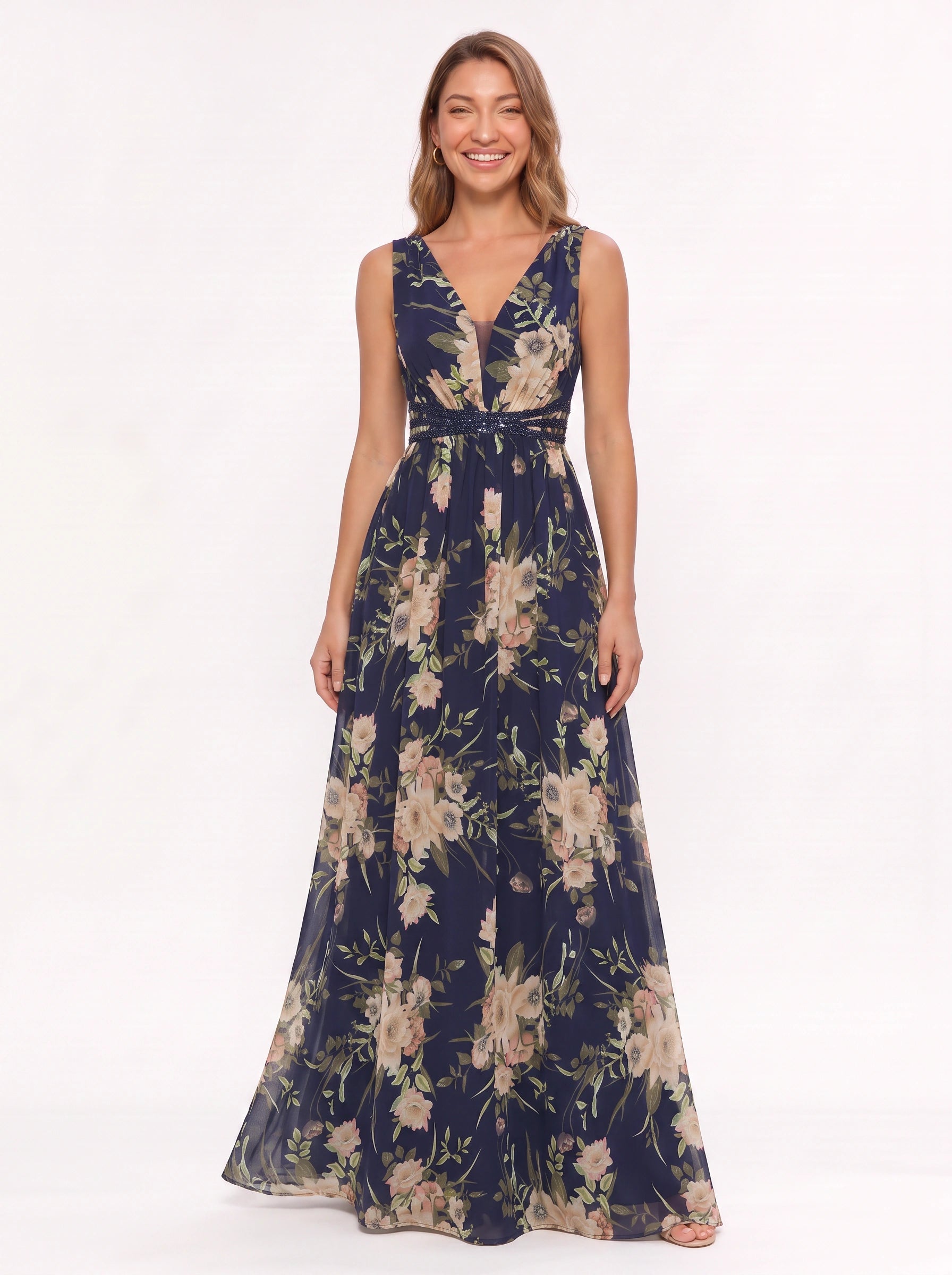 Florente Embellished V-Neck Maxi Dress – Formal Wedding Guest Women Winter Evening Elegant Floral Maxi Dress