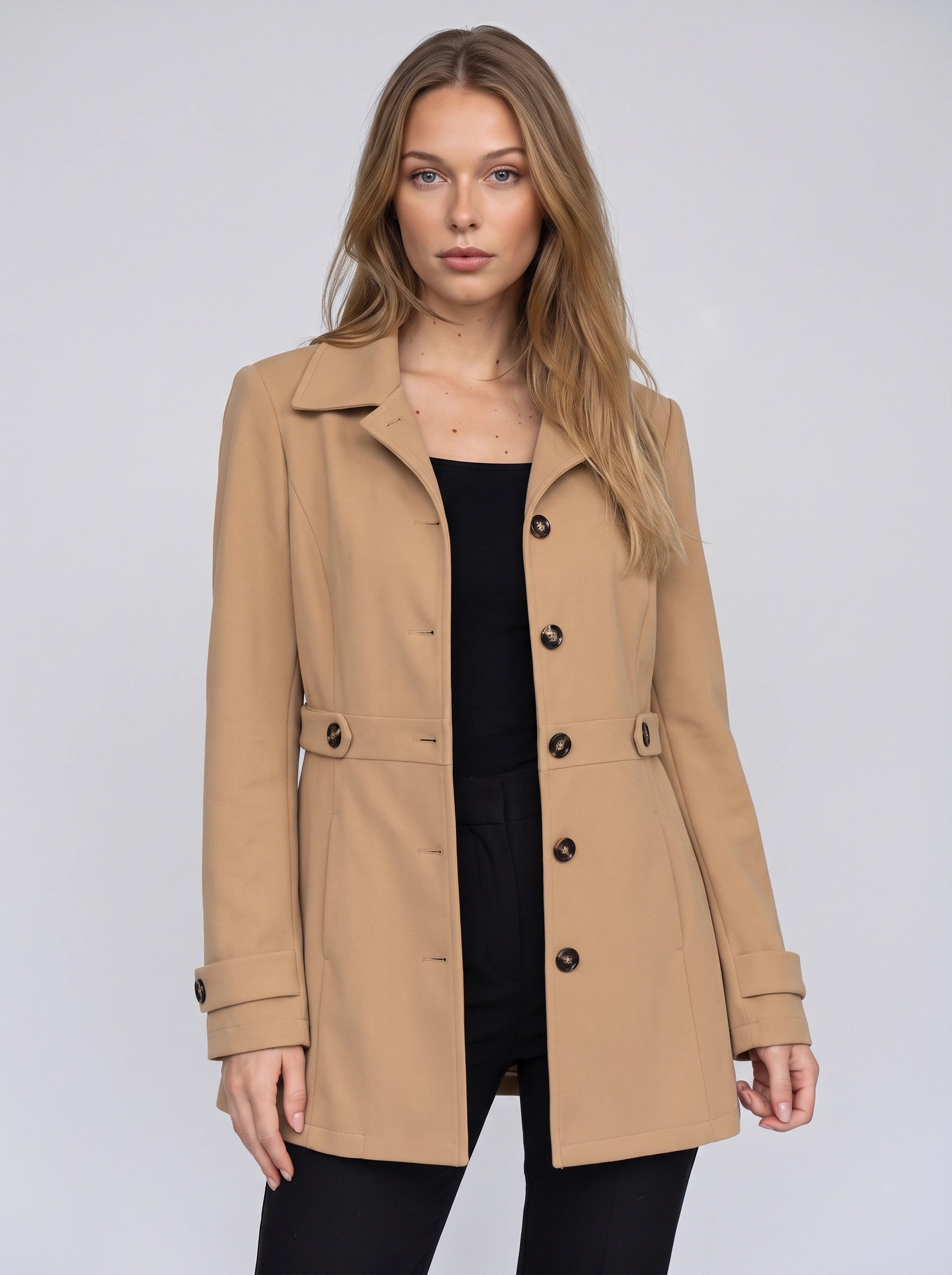 Bronté Fitted Longline Blazer – Double Breasted Trench Coat Women Winter Office Tailored Gold Button Jacket