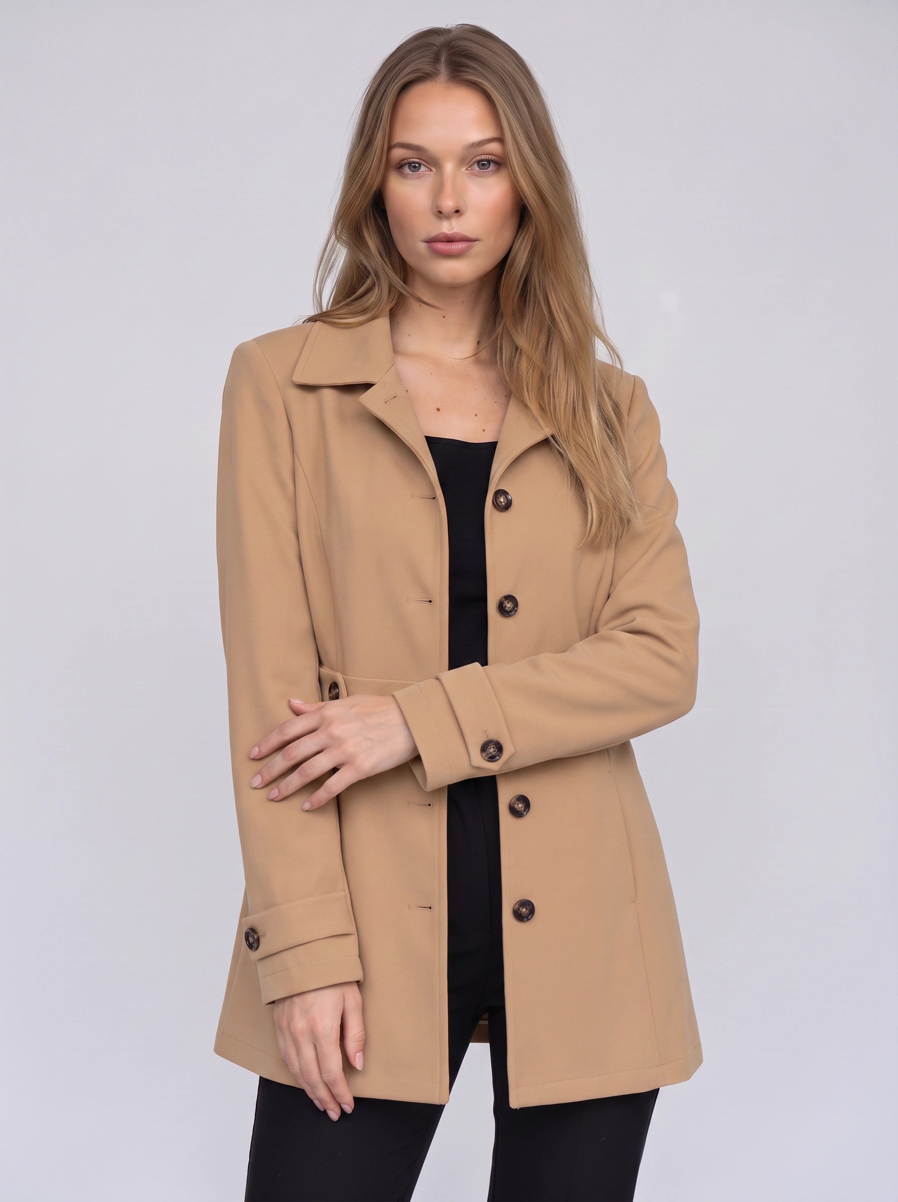 Bronté Fitted Longline Blazer – Double Breasted Trench Coat Women Winter Office Tailored Gold Button Jacket