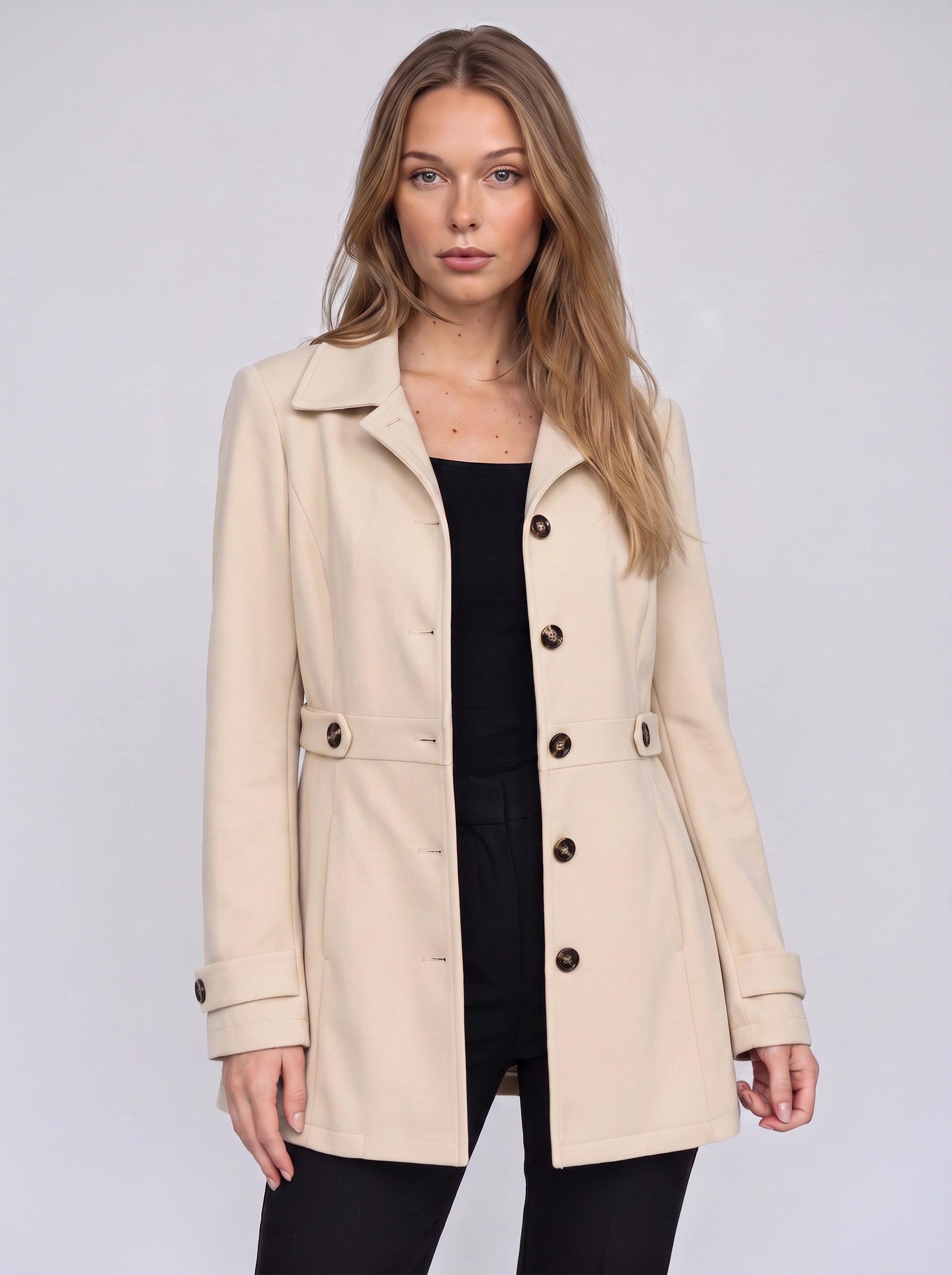 Bronté Fitted Longline Blazer – Double Breasted Trench Coat Women Winter Office Tailored Gold Button Jacket