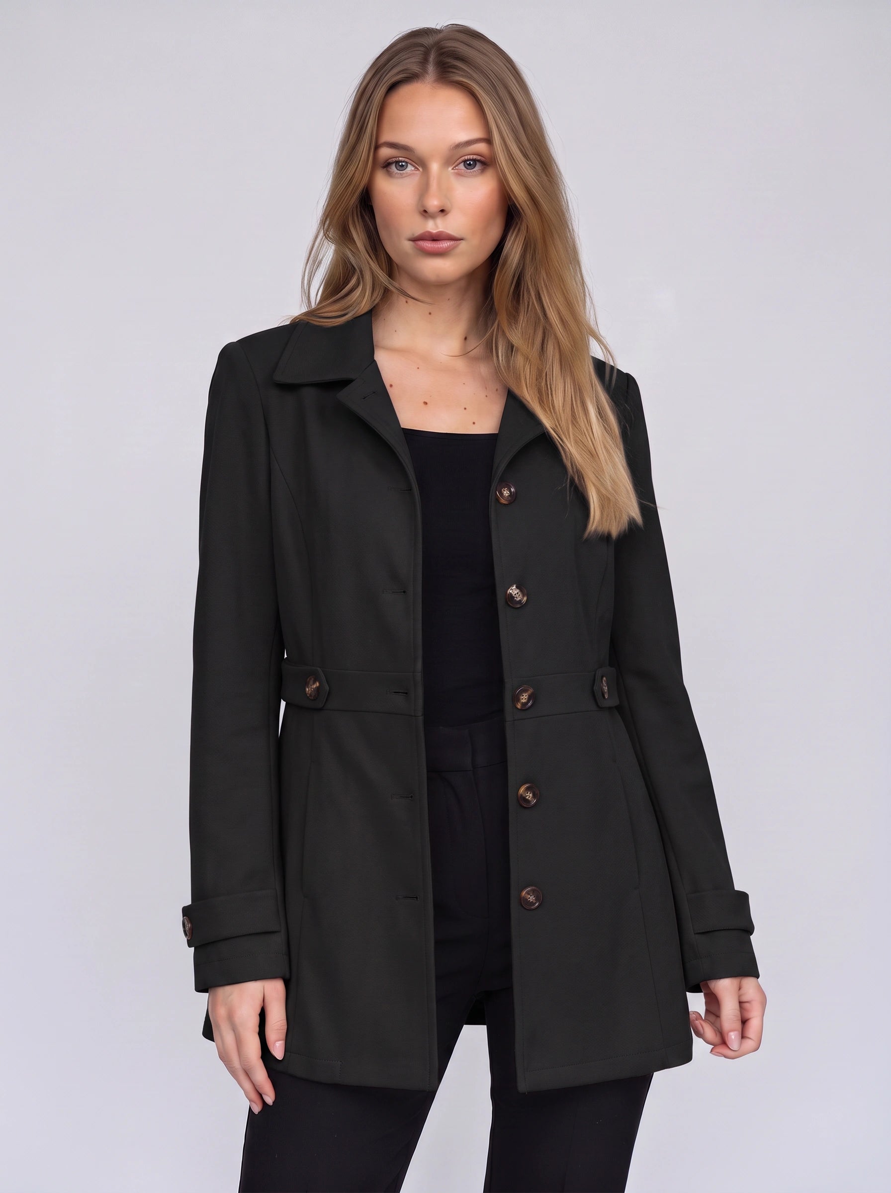 Bronté Fitted Longline Blazer – Double Breasted Trench Coat Women Winter Office Tailored Gold Button Jacket