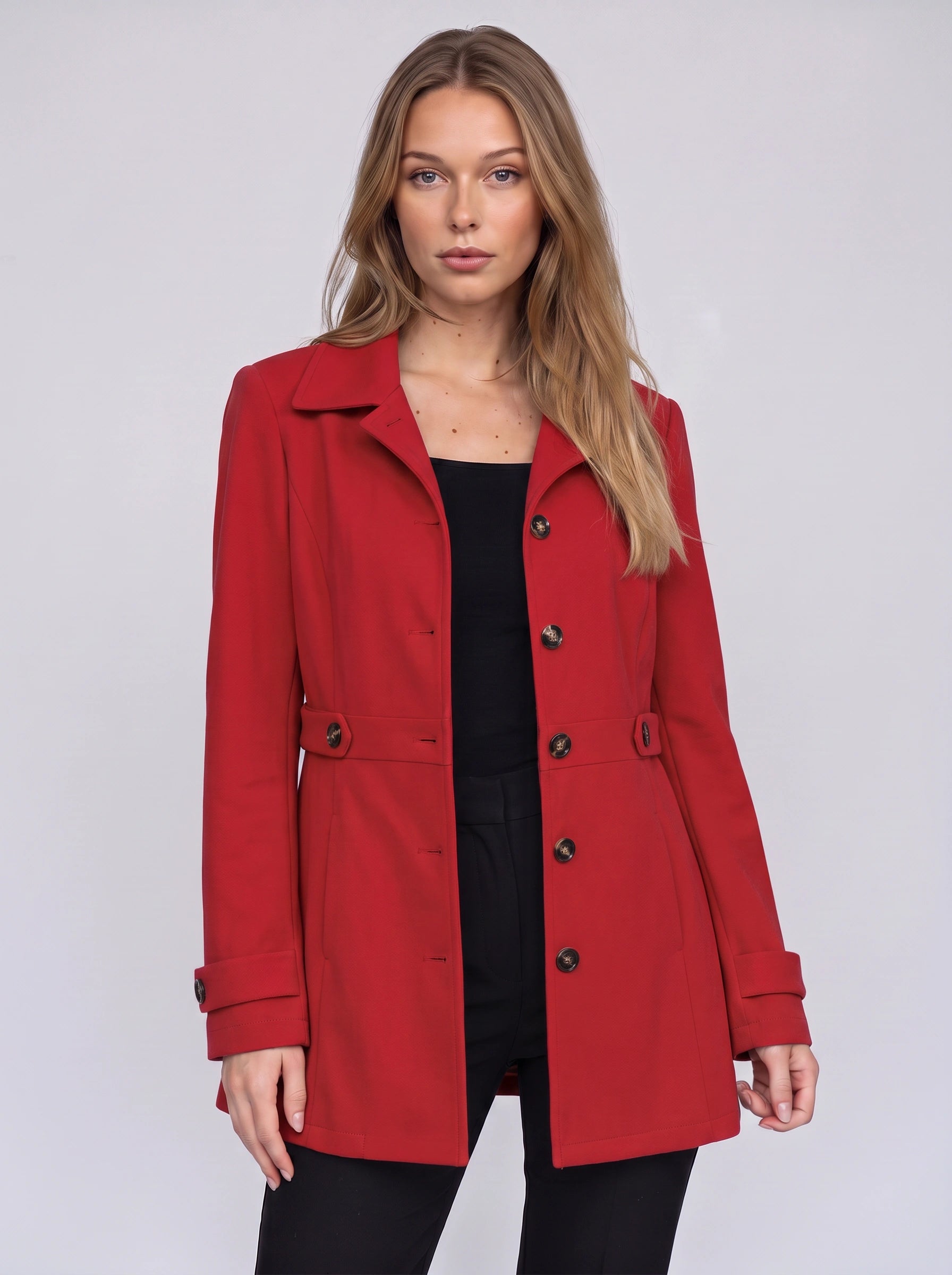 Bronté Fitted Longline Blazer – Double Breasted Trench Coat Women Winter Office Tailored Gold Button Jacket