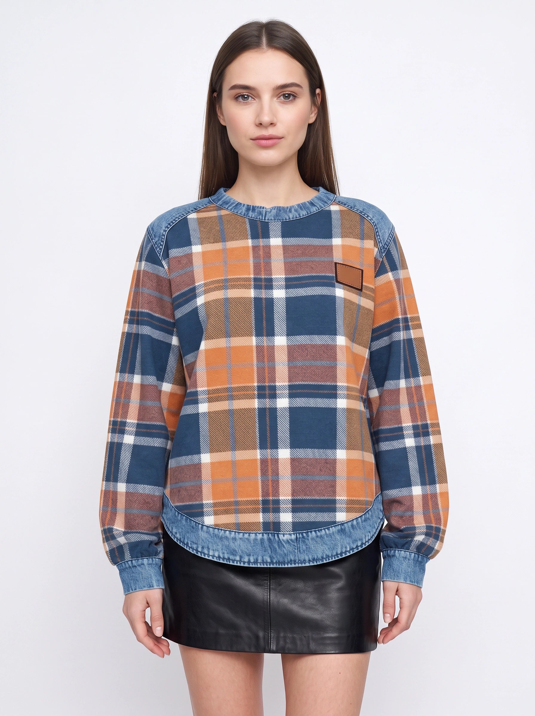 Tarwick Denim Trim Plaid Top – Women Relaxed Fit Long Sleeve Check Print Winter Casual Pullover Top