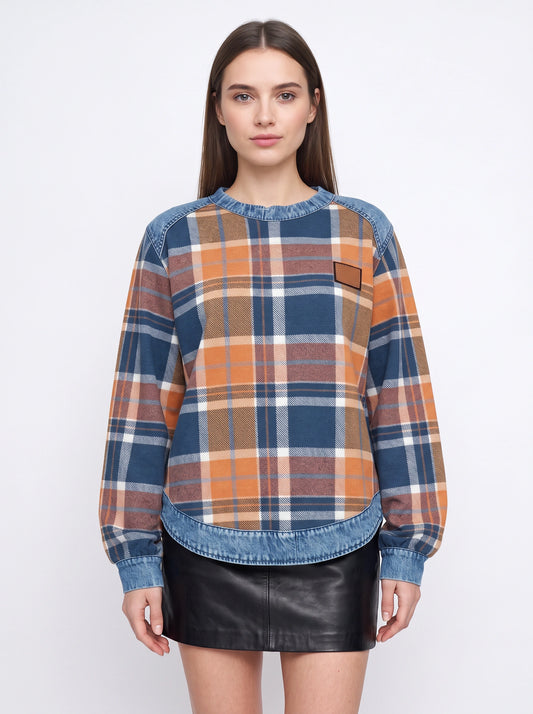 Tarwick Denim Trim Plaid Top – Women Relaxed Fit Long Sleeve Check Print Winter Casual Pullover Top