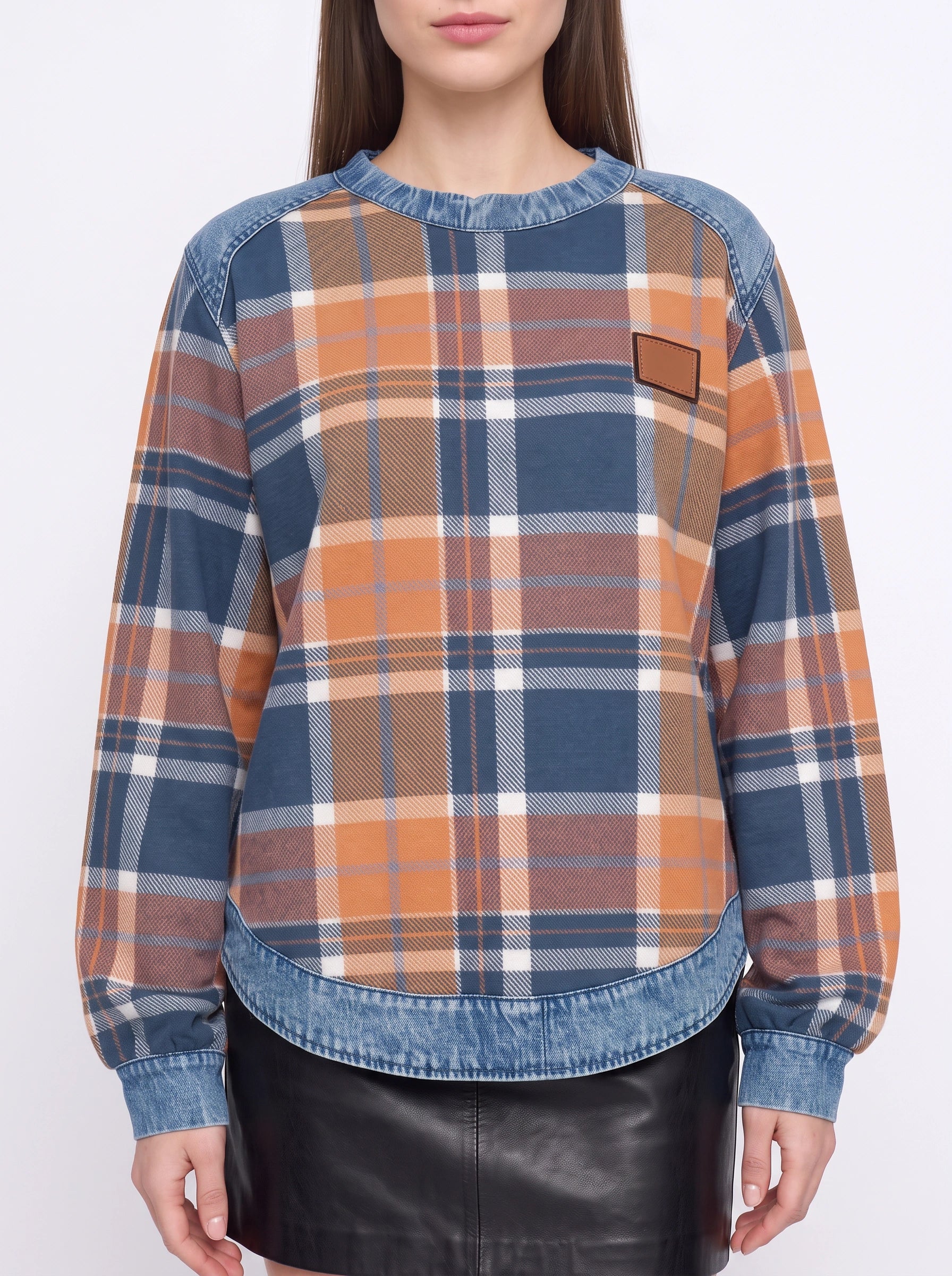 Tarwick Denim Trim Plaid Top – Women Relaxed Fit Long Sleeve Check Print Winter Casual Pullover Top