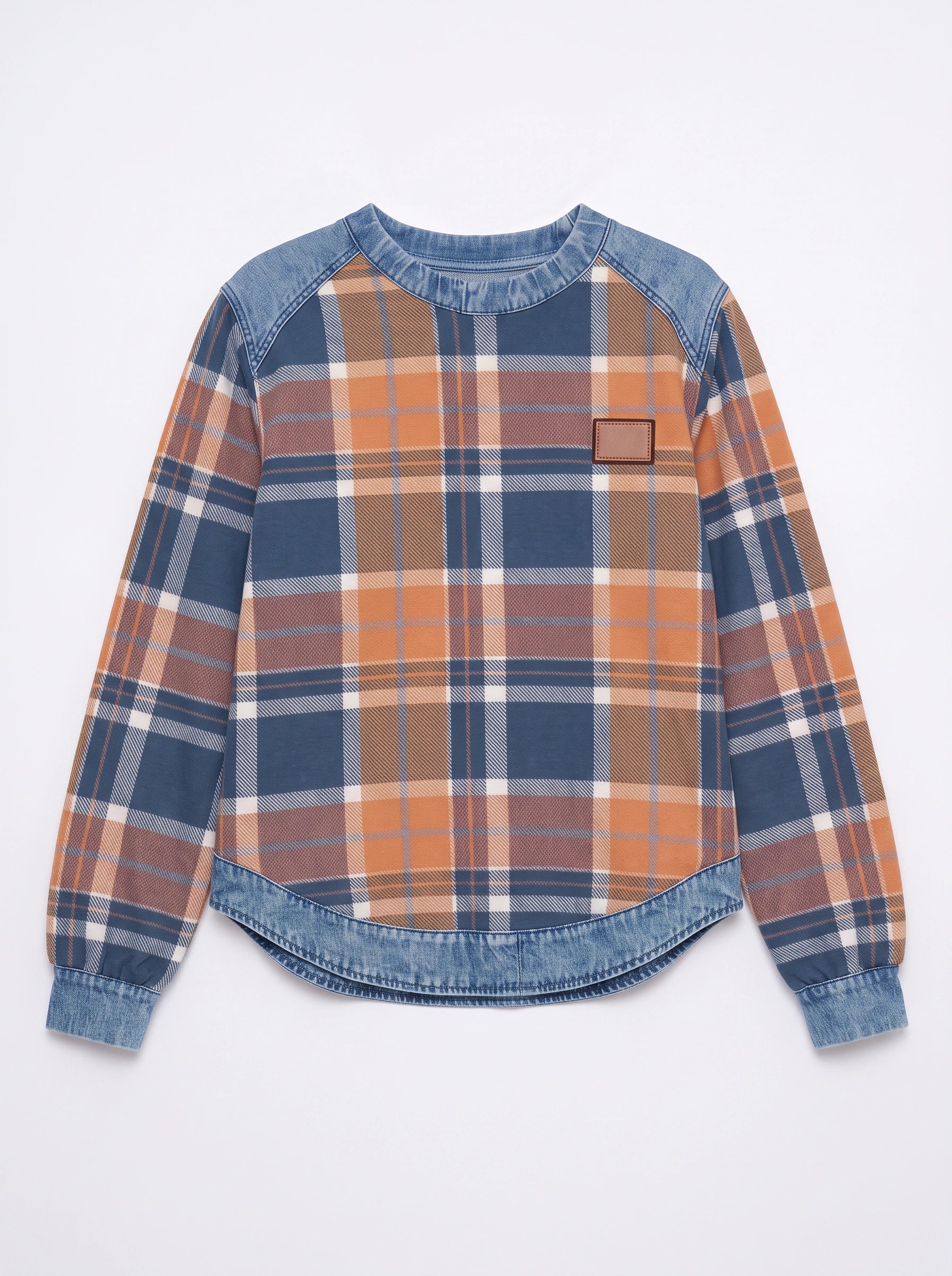 Tarwick Denim Trim Plaid Top – Women Relaxed Fit Long Sleeve Check Print Winter Casual Pullover Top