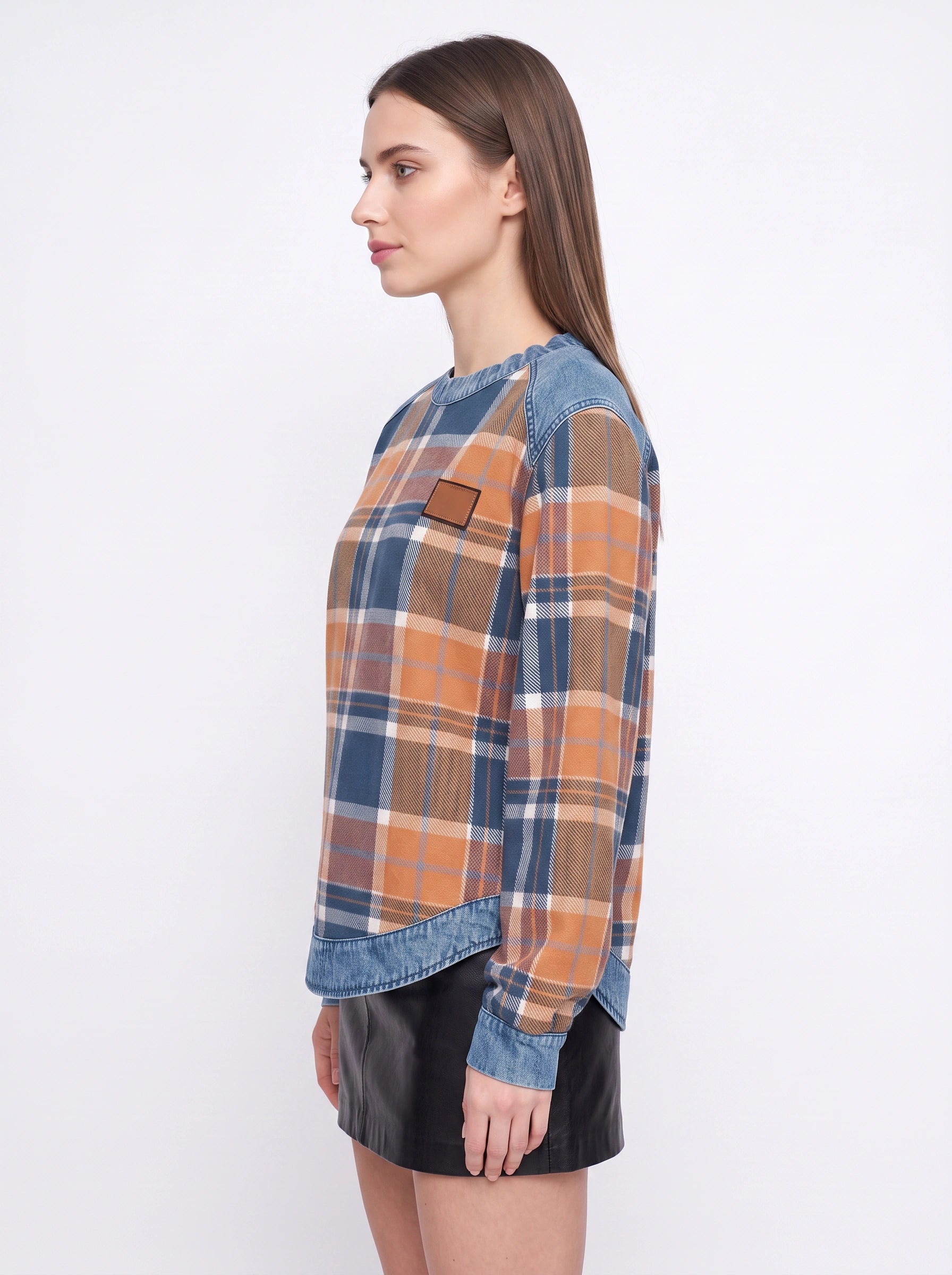 Tarwick Denim Trim Plaid Top – Women Relaxed Fit Long Sleeve Check Print Winter Casual Pullover Top