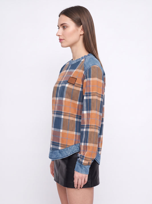 Tarwick Denim Trim Plaid Top – Women Relaxed Fit Long Sleeve Check Print Winter Casual Pullover Top