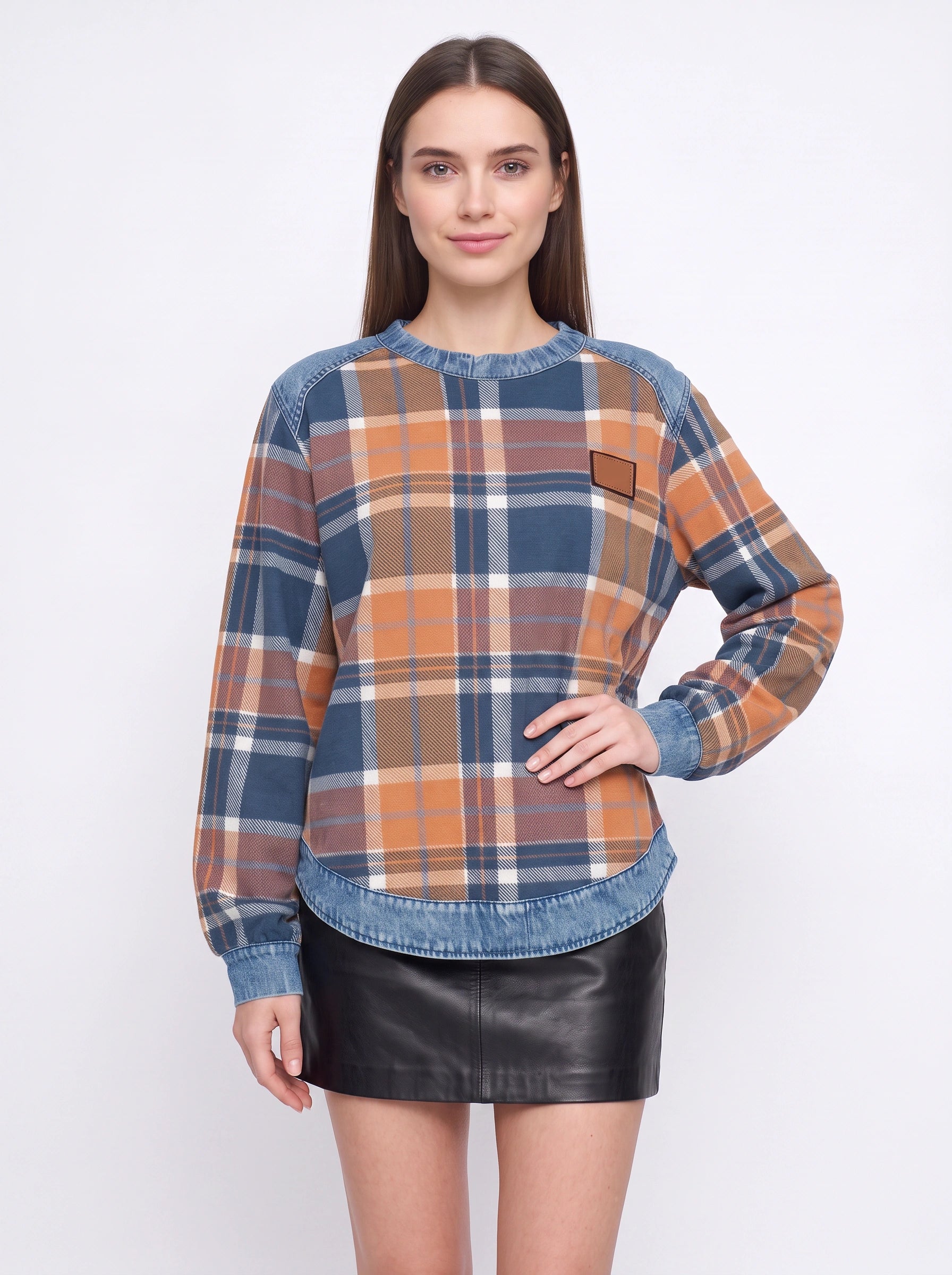Tarwick Denim Trim Plaid Top – Women Relaxed Fit Long Sleeve Check Print Winter Casual Pullover Top