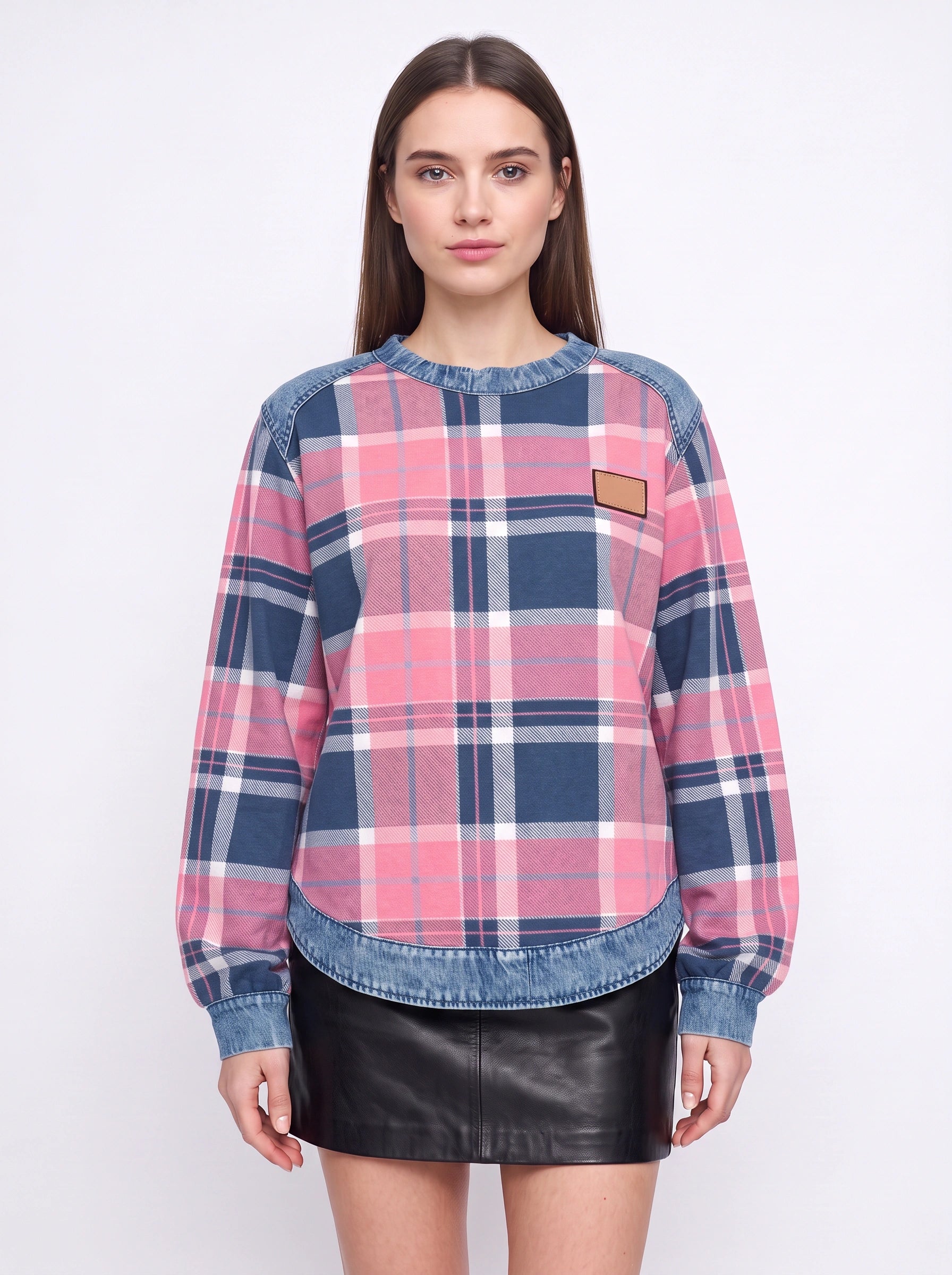 Tarwick Denim Trim Plaid Top – Women Relaxed Fit Long Sleeve Check Print Winter Casual Pullover Top