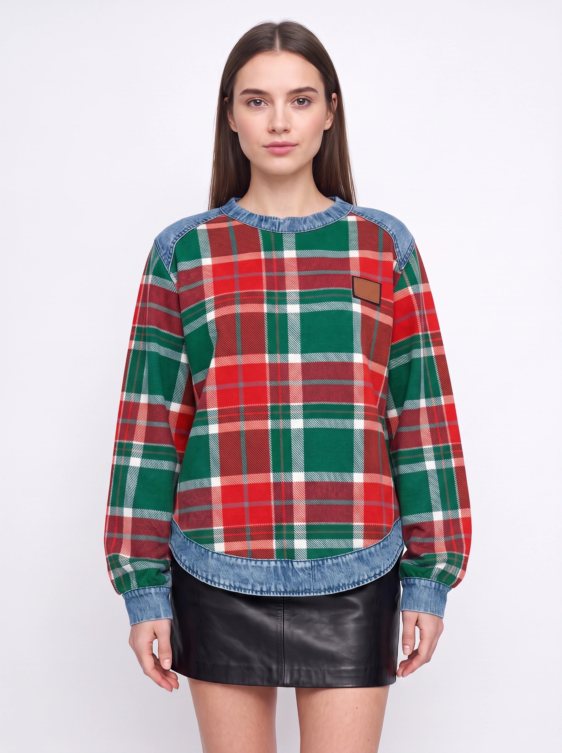Tarwick Denim Trim Plaid Top – Women Relaxed Fit Long Sleeve Check Print Winter Casual Pullover Top