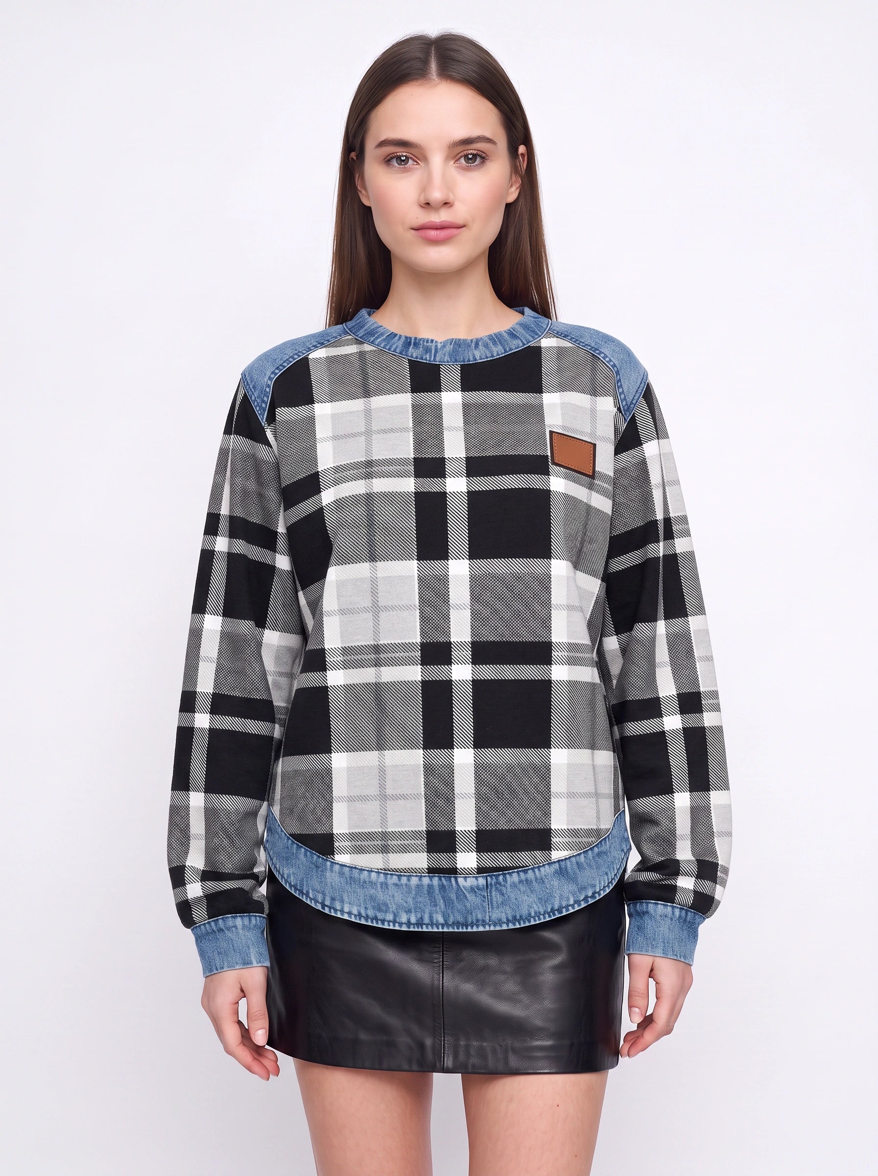 Tarwick Denim Trim Plaid Top – Women Relaxed Fit Long Sleeve Check Print Winter Casual Pullover Top
