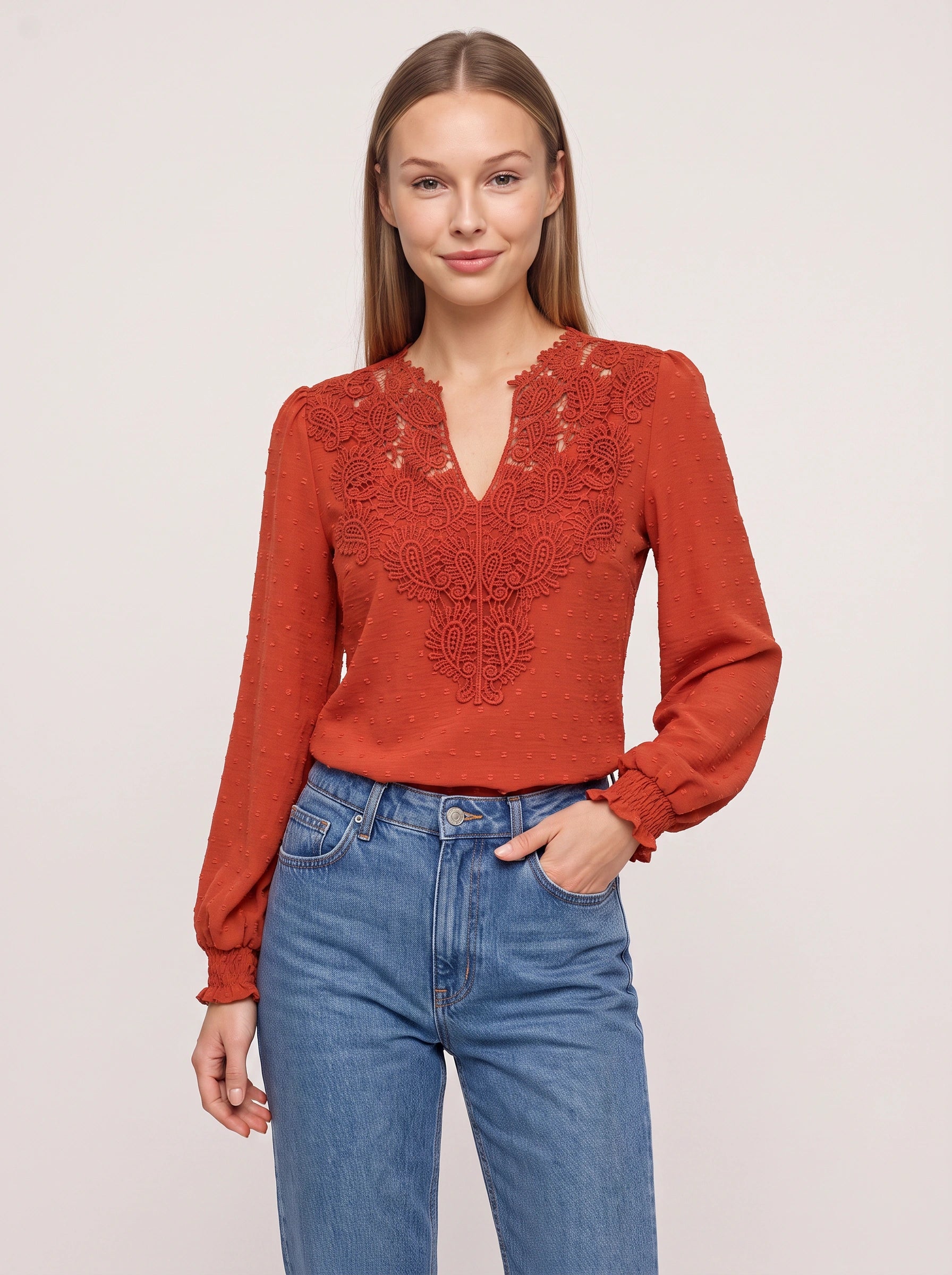 Paiselle Lace V-Neck Blouse – Women Long Sleeve Crochet Embroidered Casual Boho Peasant Smocked Blouse Top