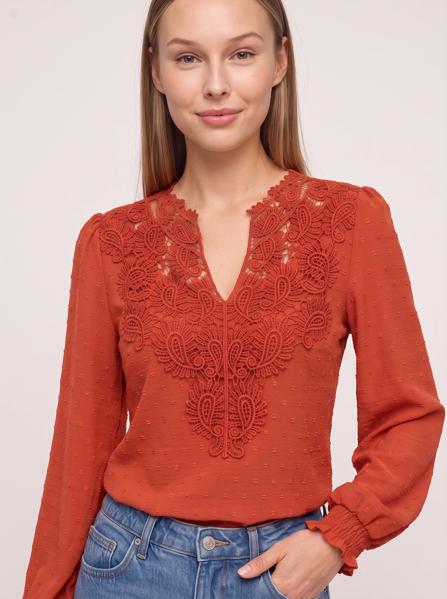 Paiselle Lace V-Neck Blouse – Women Long Sleeve Crochet Embroidered Casual Boho Peasant Smocked Blouse Top