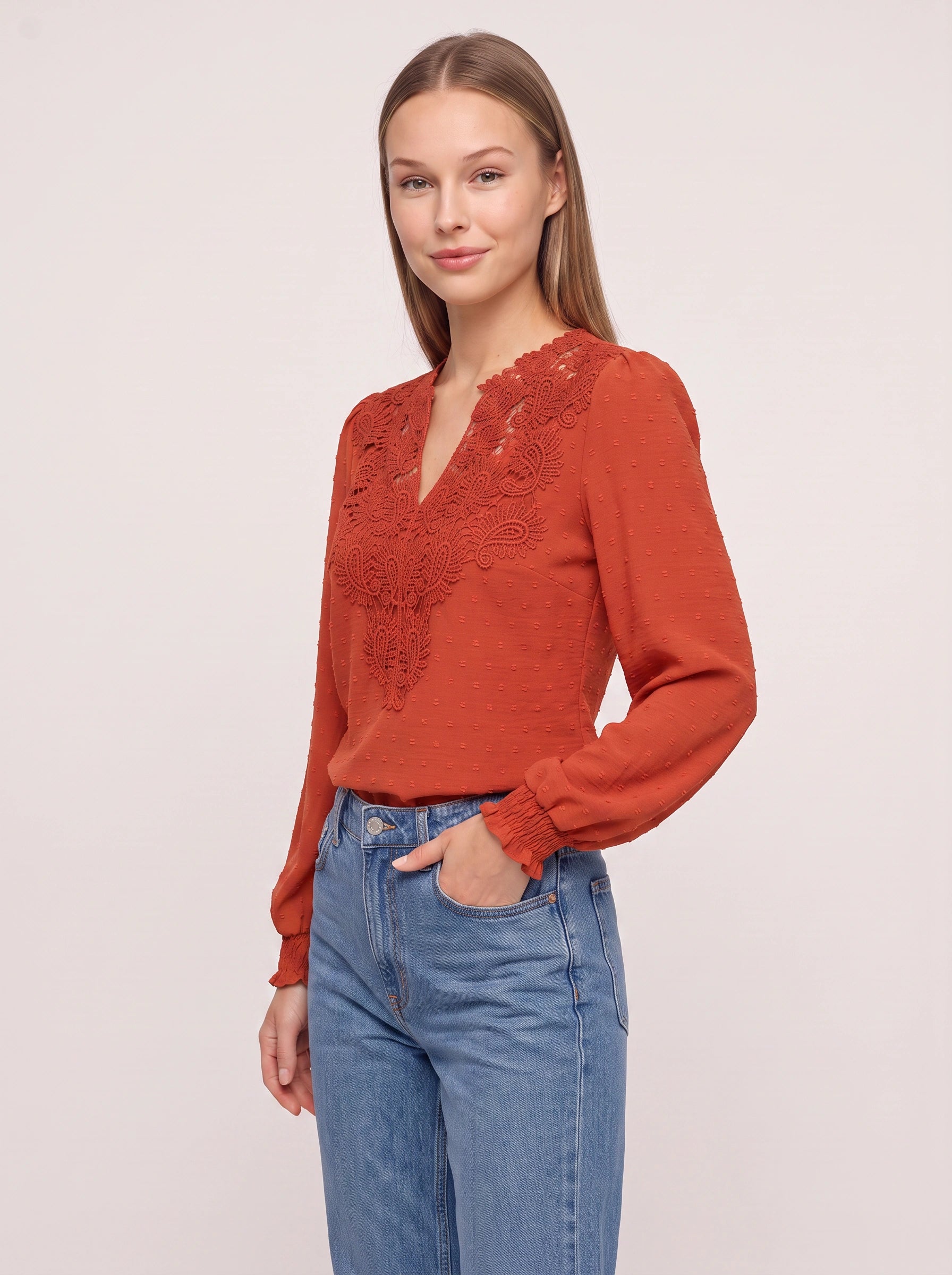 Paiselle Lace V-Neck Blouse – Women Long Sleeve Crochet Embroidered Casual Boho Peasant Smocked Blouse Top