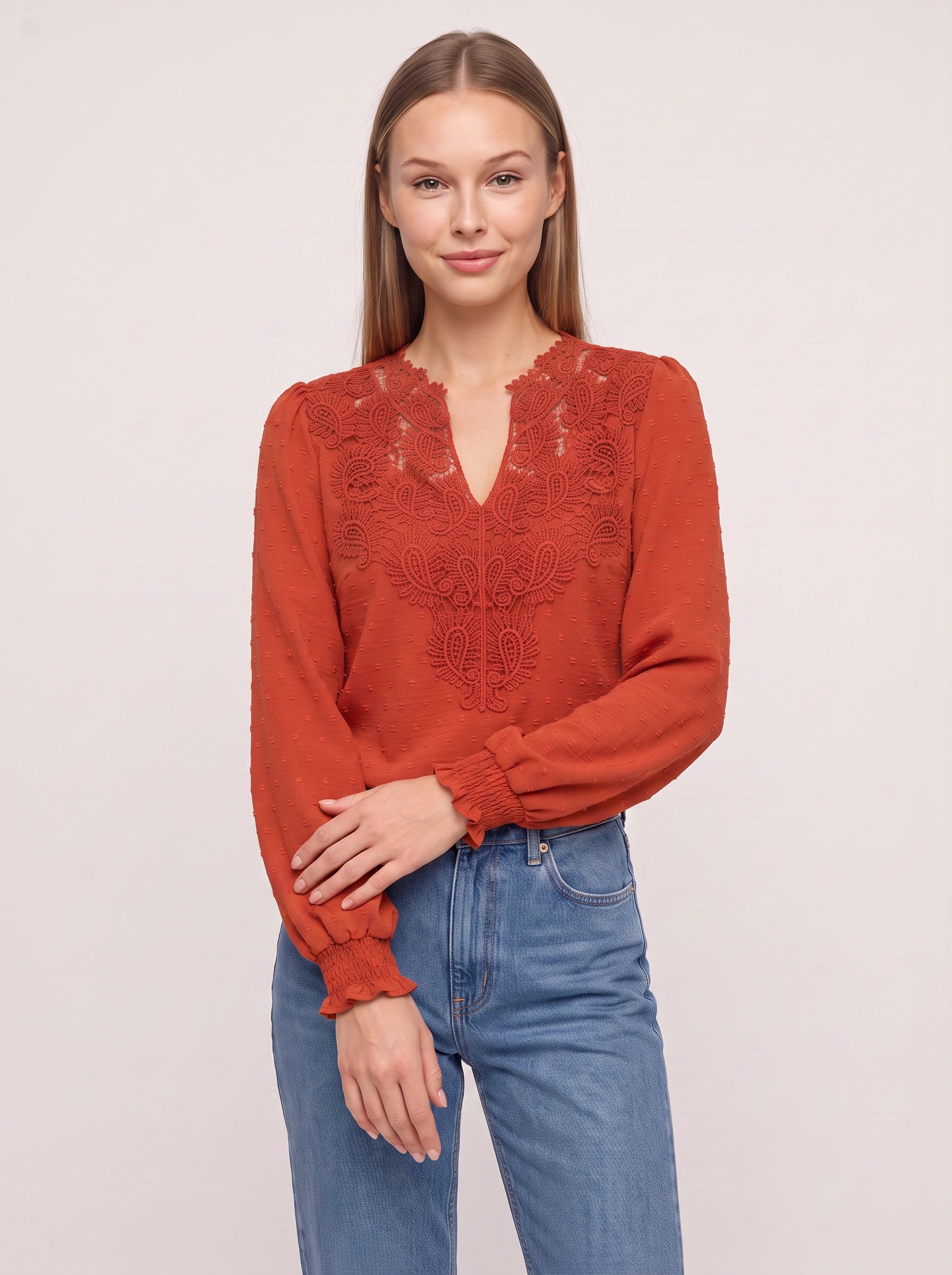 Paiselle Lace V-Neck Blouse – Women Long Sleeve Crochet Embroidered Casual Boho Peasant Smocked Blouse Top