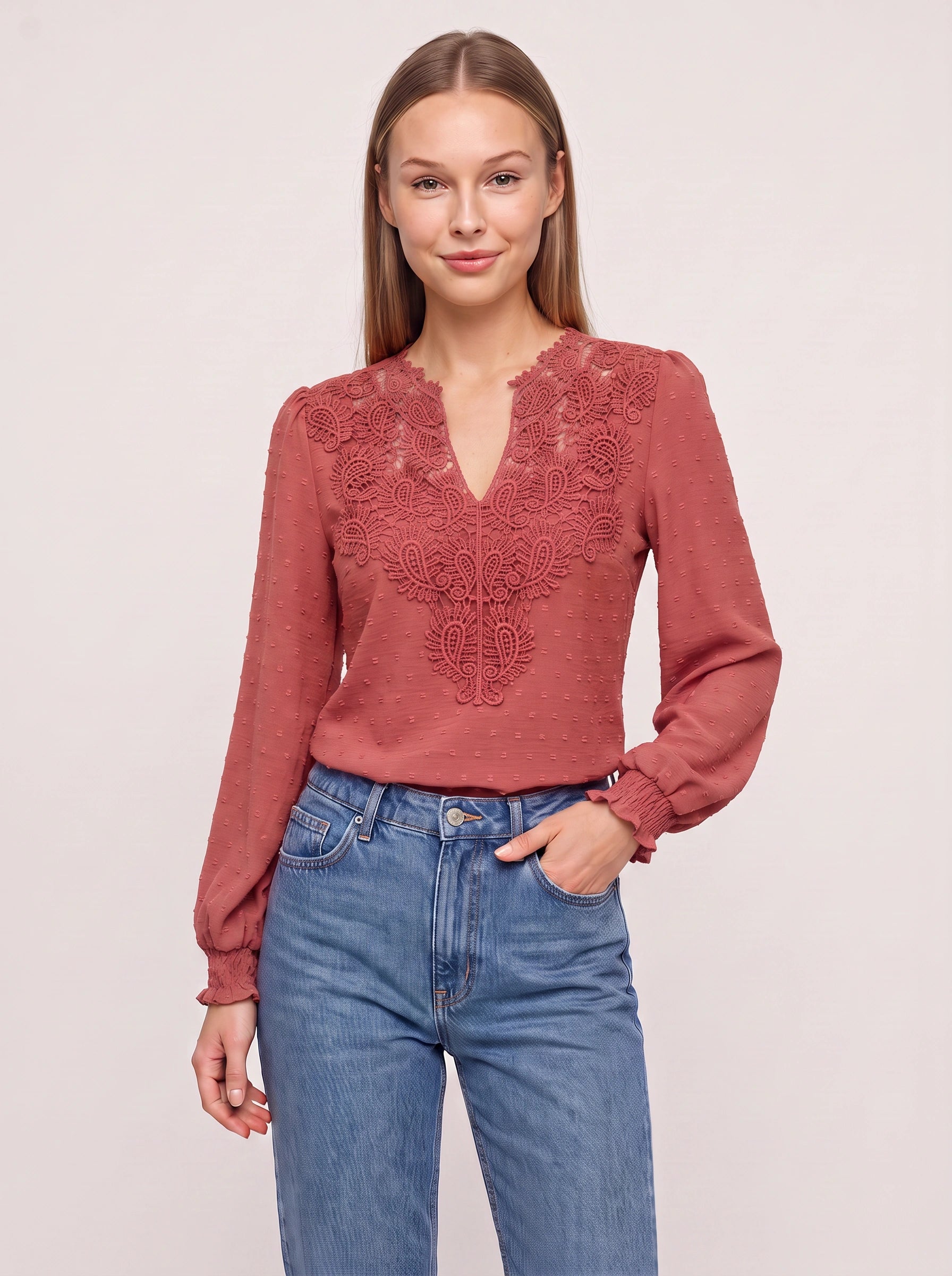 Paiselle Lace V-Neck Blouse – Women Long Sleeve Crochet Embroidered Casual Boho Peasant Smocked Blouse Top