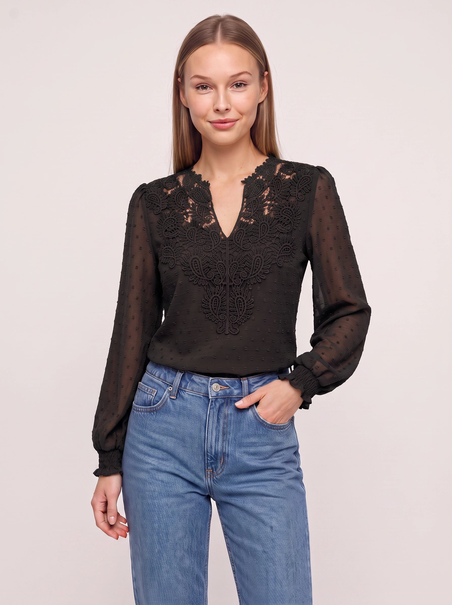 Paiselle Lace V-Neck Blouse – Women Long Sleeve Crochet Embroidered Casual Boho Peasant Smocked Blouse Top
