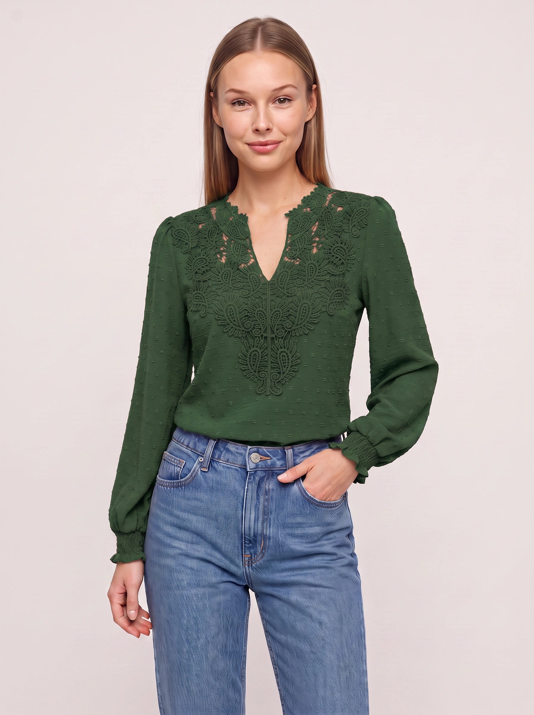 Paiselle Lace V-Neck Blouse – Women Long Sleeve Crochet Embroidered Casual Boho Peasant Smocked Blouse Top