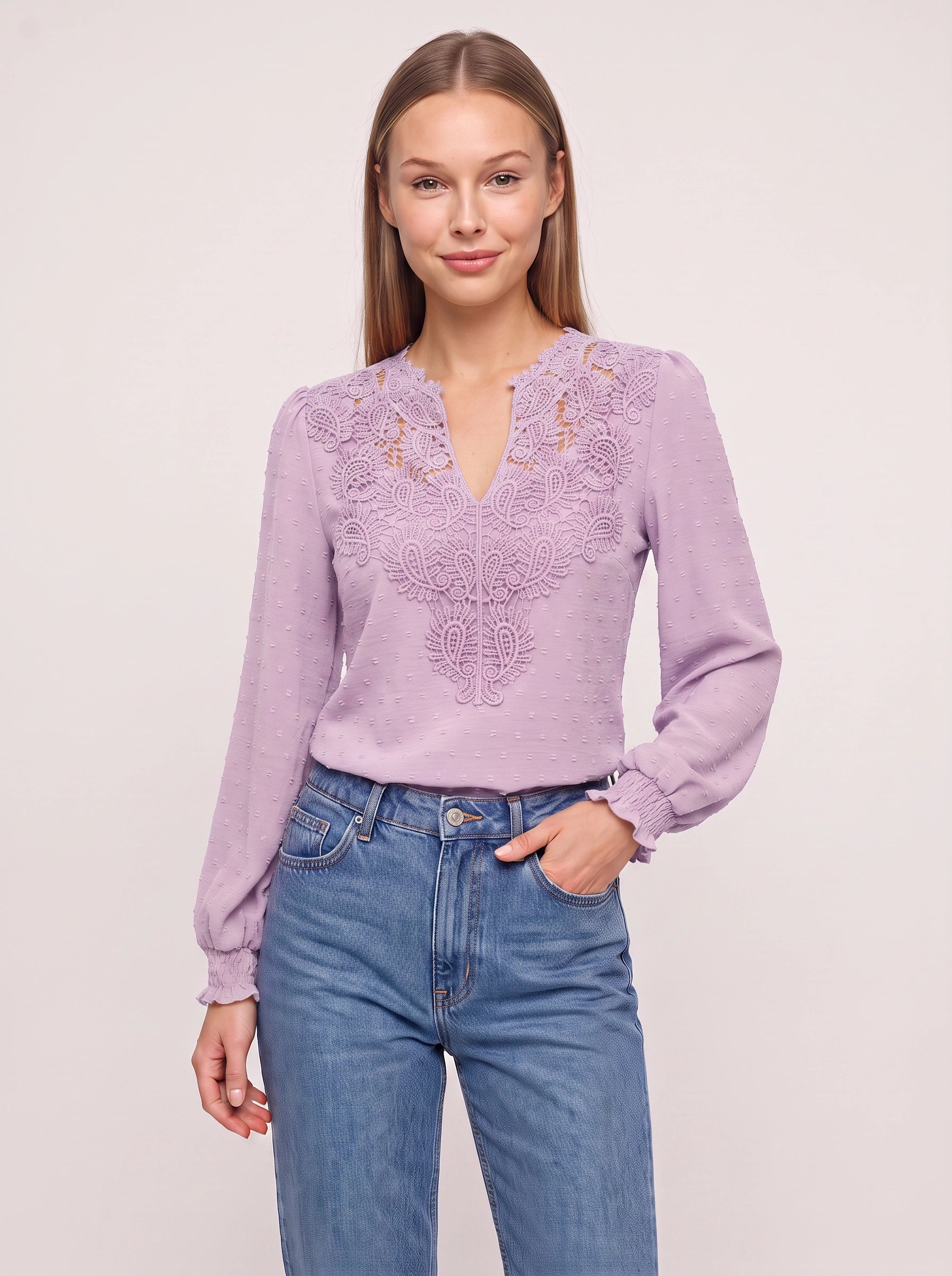 Paiselle Lace V-Neck Blouse – Women Long Sleeve Crochet Embroidered Casual Boho Peasant Smocked Blouse Top