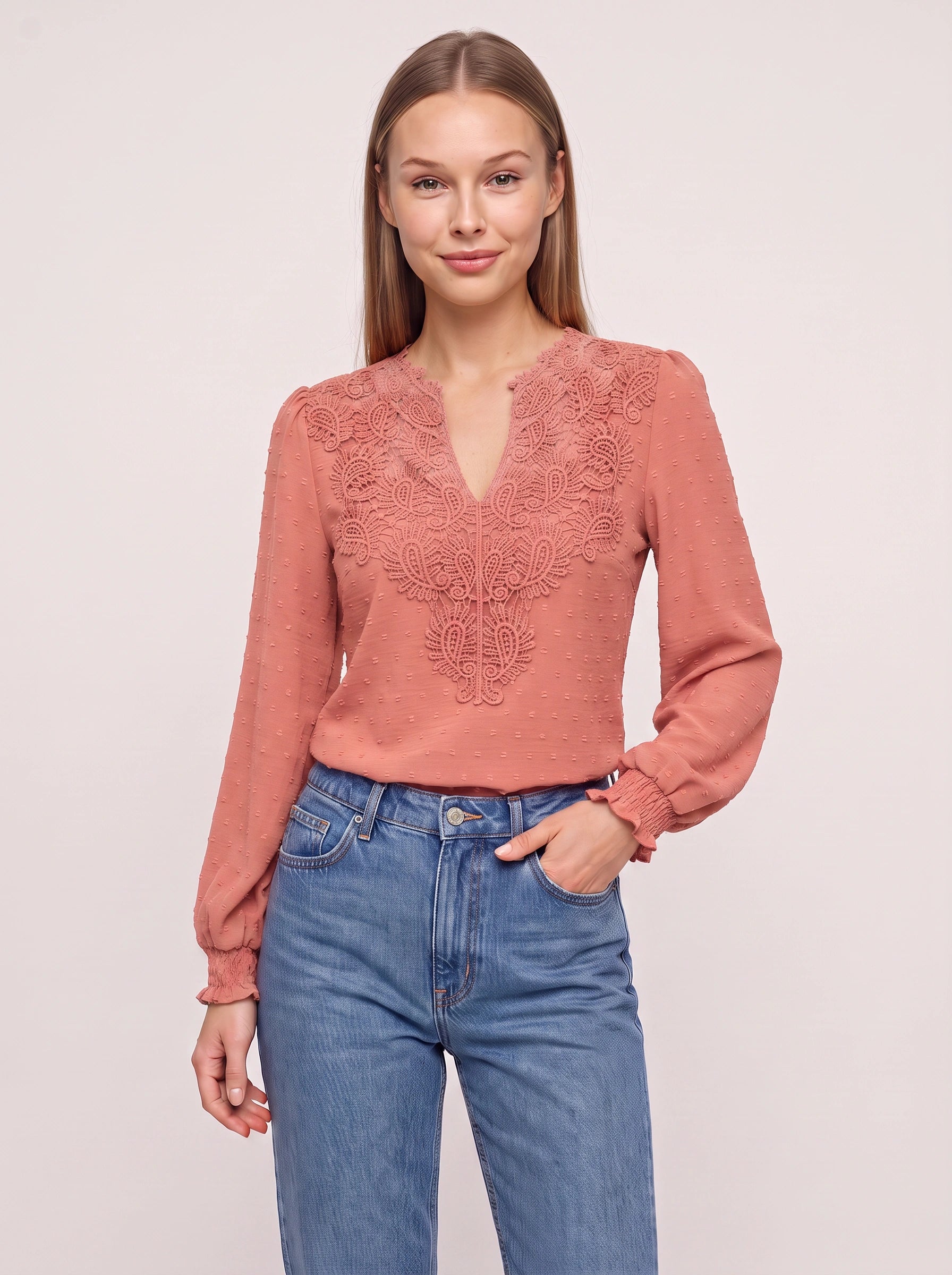 Paiselle Lace V-Neck Blouse – Women Long Sleeve Crochet Embroidered Casual Boho Peasant Smocked Blouse Top