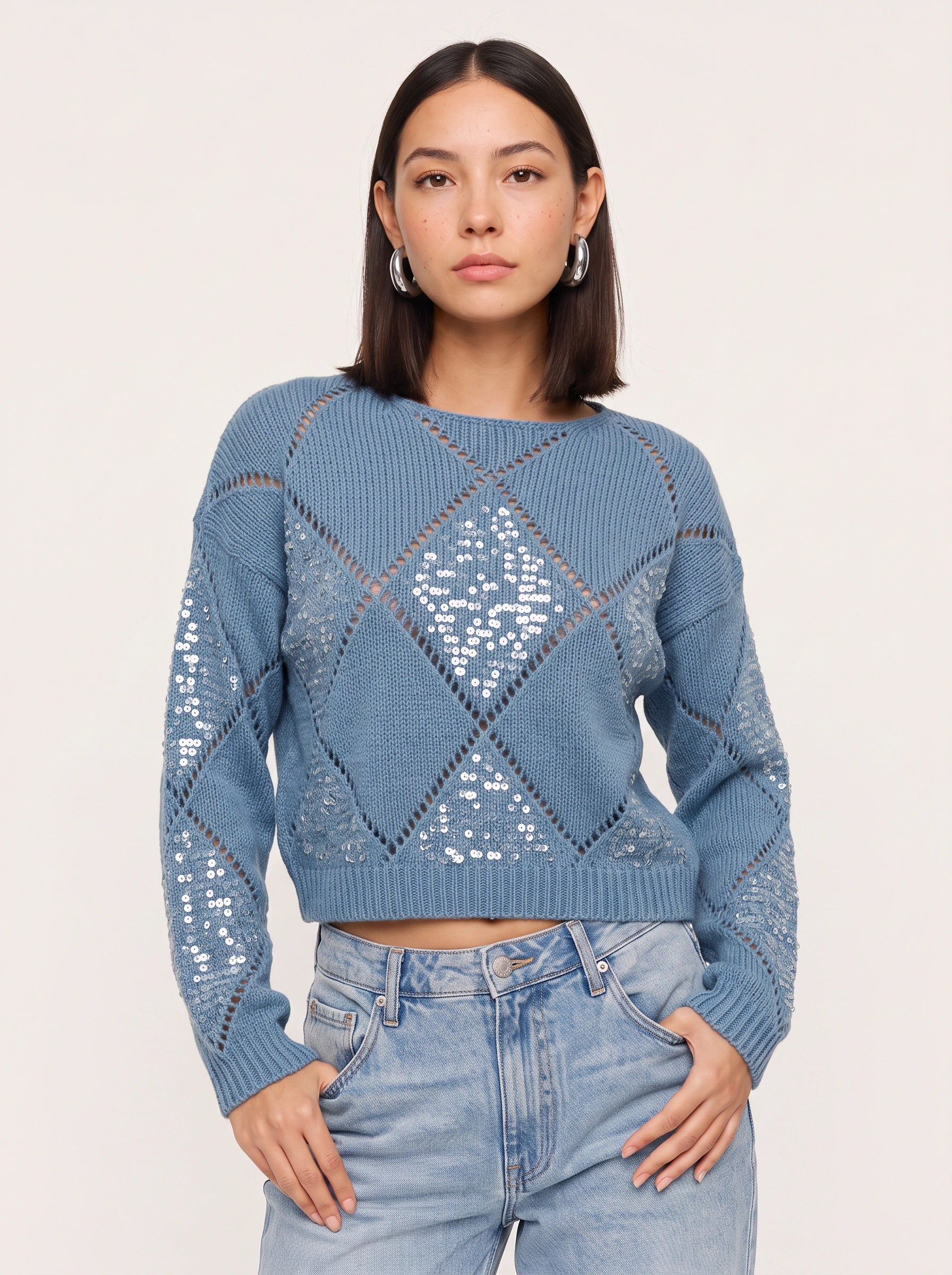 Rombiglam Sequin Diamond Knit Crop Sweater – Women Embellished Jumper Argyle Party Holiday Chunky Knit Top