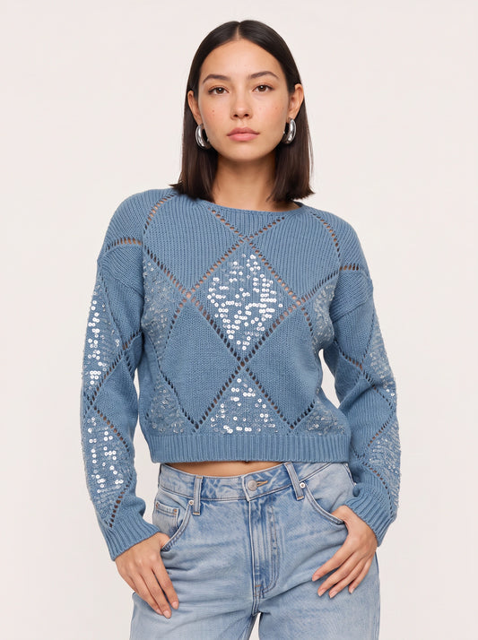 Rombiglam Sequin Diamond Knit Crop Sweater – Women Embellished Jumper Argyle Party Holiday Chunky Knit Top