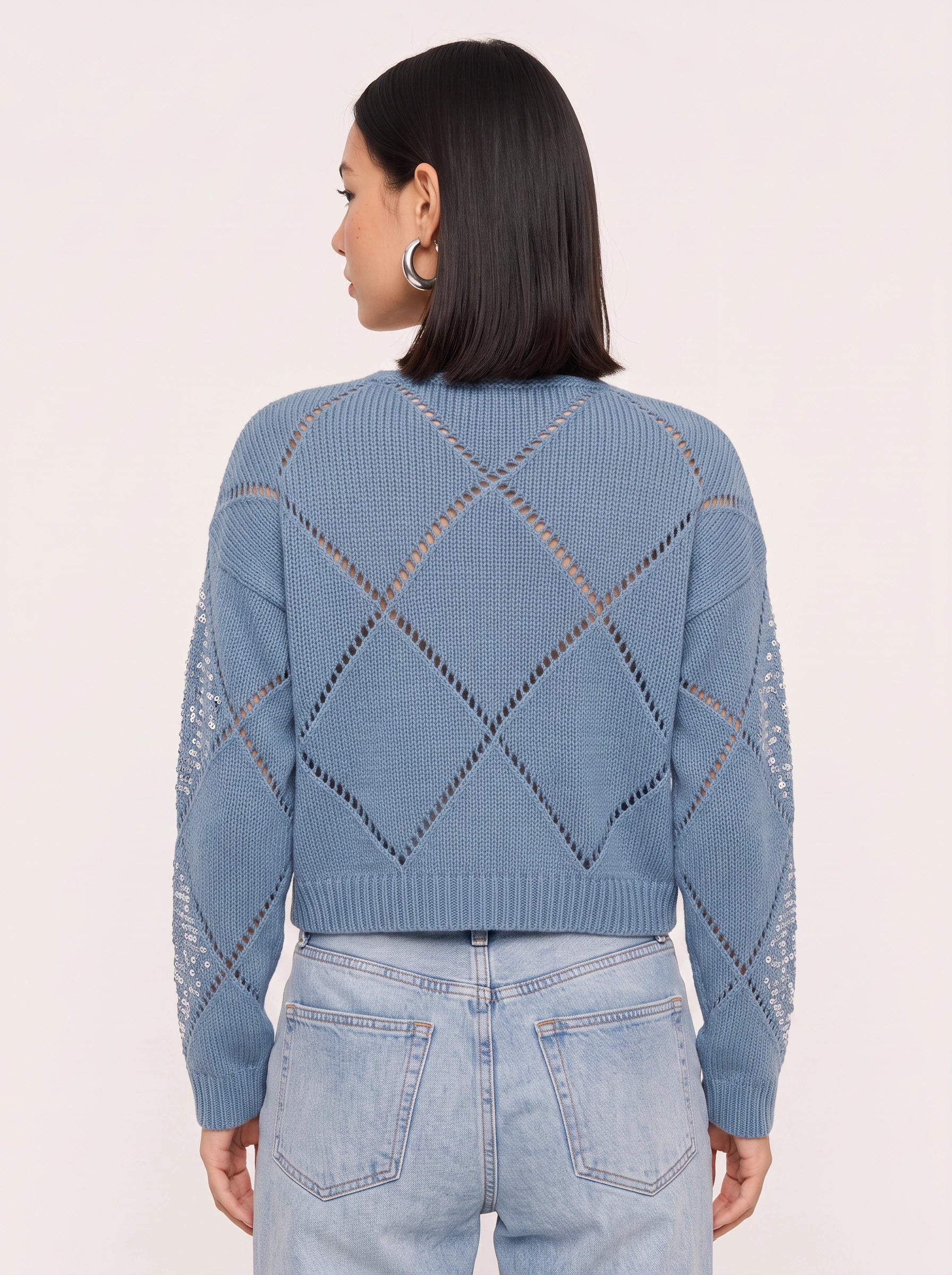Rombiglam Sequin Diamond Knit Crop Sweater – Women Embellished Jumper Argyle Party Holiday Chunky Knit Top