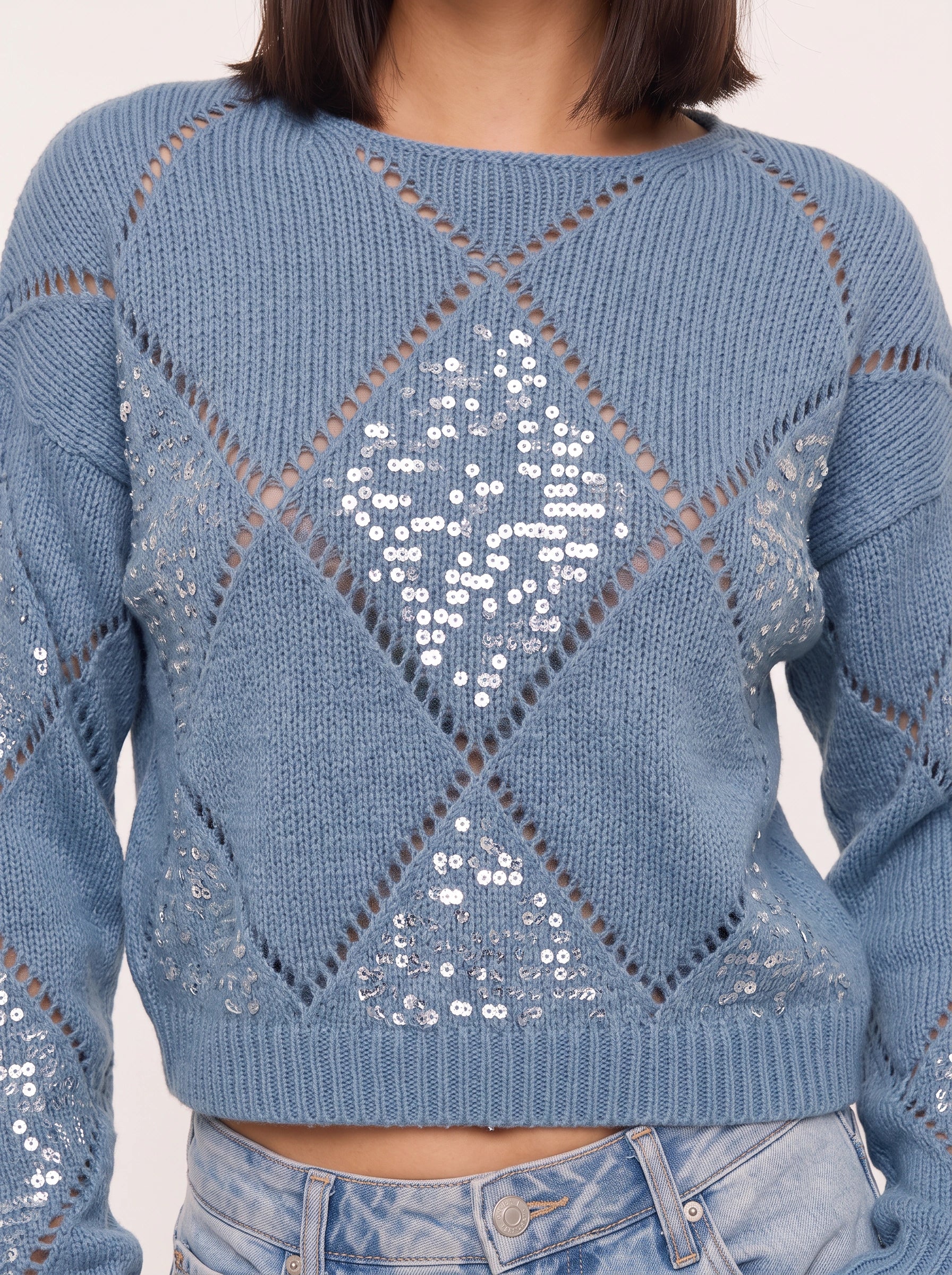 Rombiglam Sequin Diamond Knit Crop Sweater – Women Embellished Jumper Argyle Party Holiday Chunky Knit Top