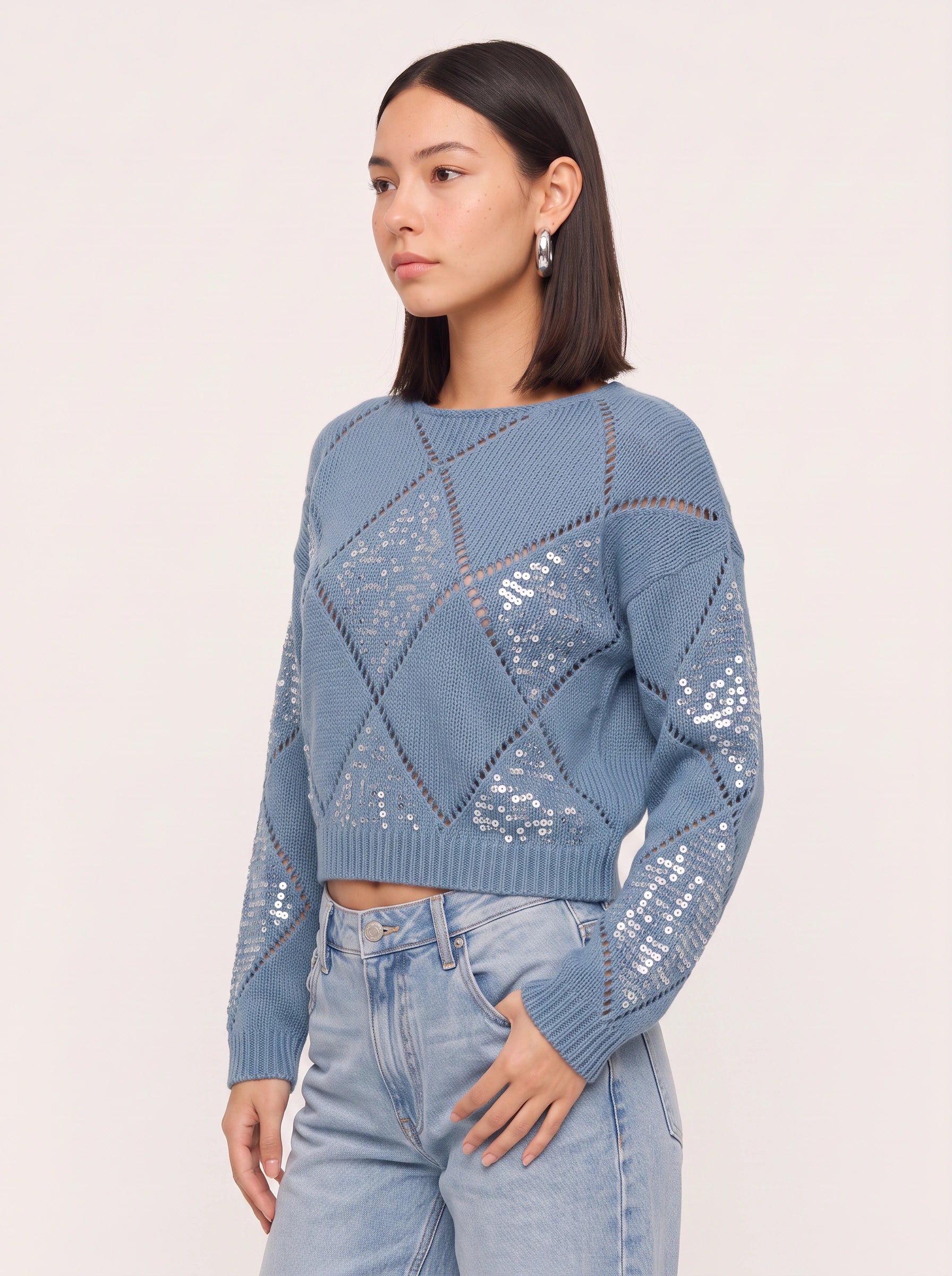 Rombiglam Sequin Diamond Knit Crop Sweater – Women Embellished Jumper Argyle Party Holiday Chunky Knit Top