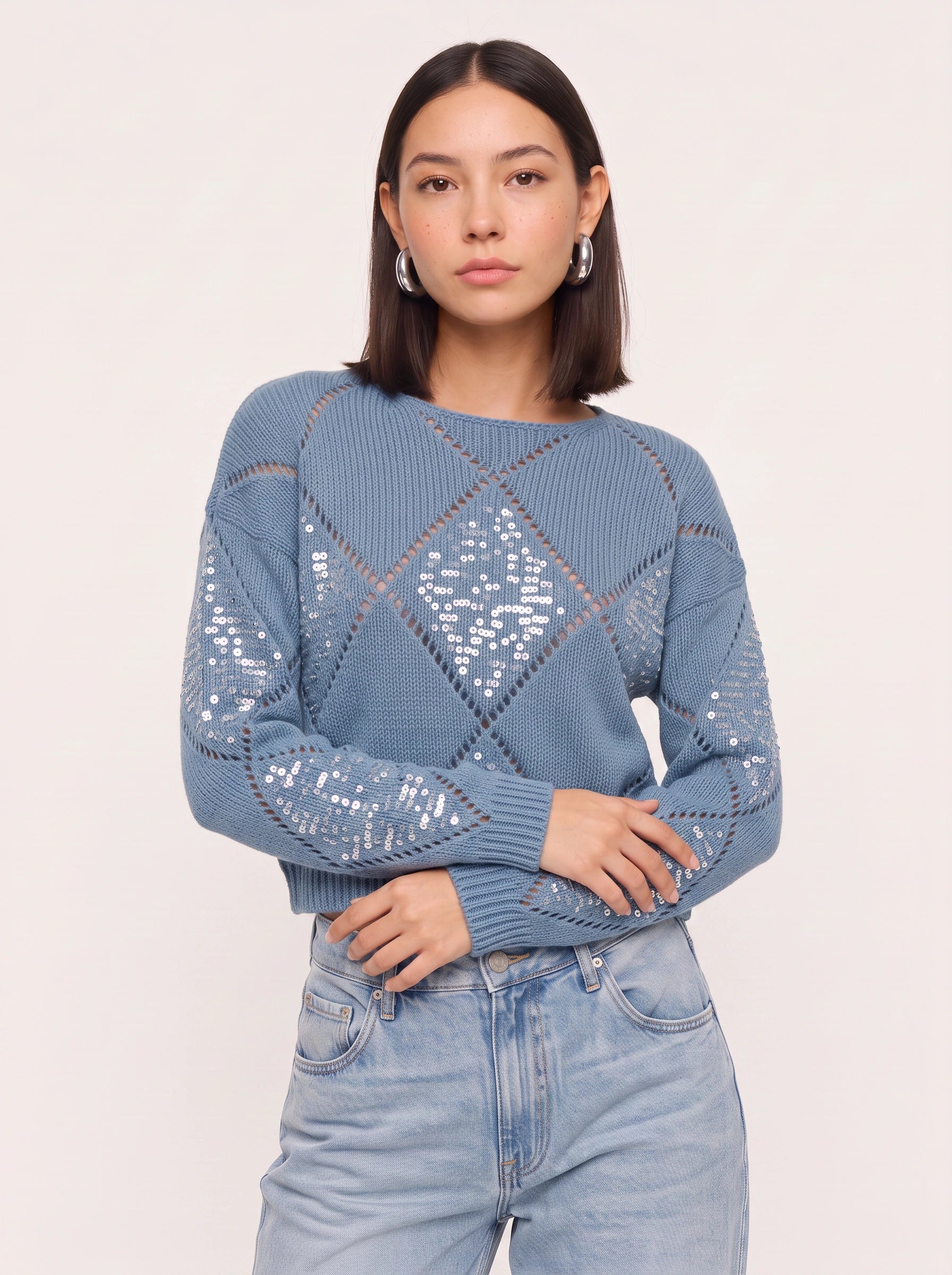 Rombiglam Sequin Diamond Knit Crop Sweater – Women Embellished Jumper Argyle Party Holiday Chunky Knit Top