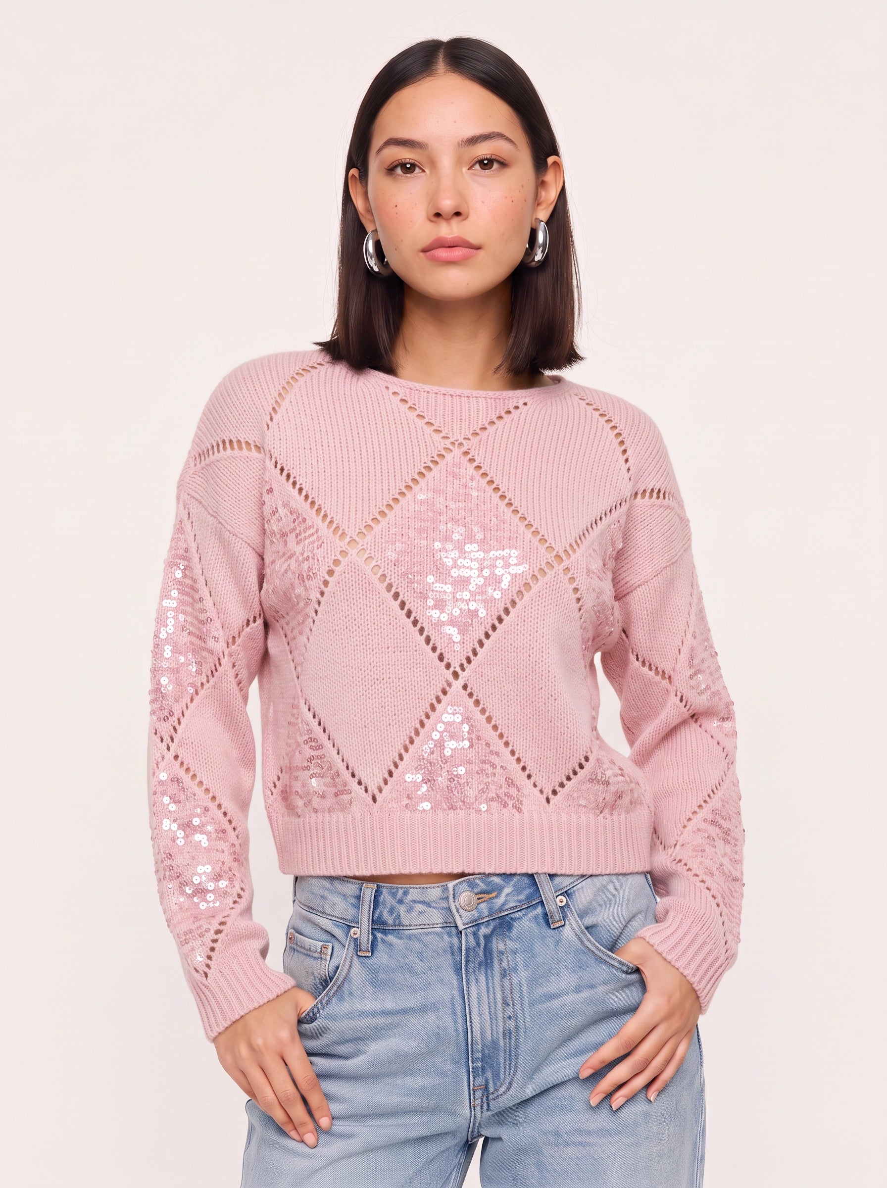 Rombiglam Sequin Diamond Knit Crop Sweater – Women Embellished Jumper Argyle Party Holiday Chunky Knit Top