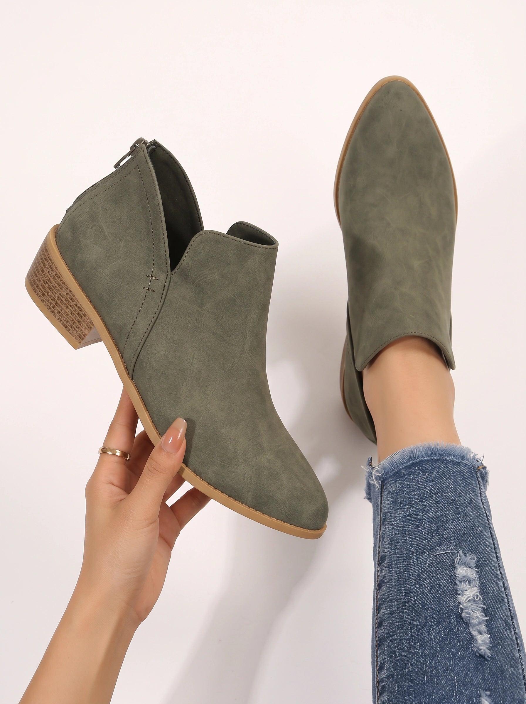 Cuterra Side-Cut Ankle Booties – Women Block Heel Suede Pointed Toe Slip-On Booties Casual Western