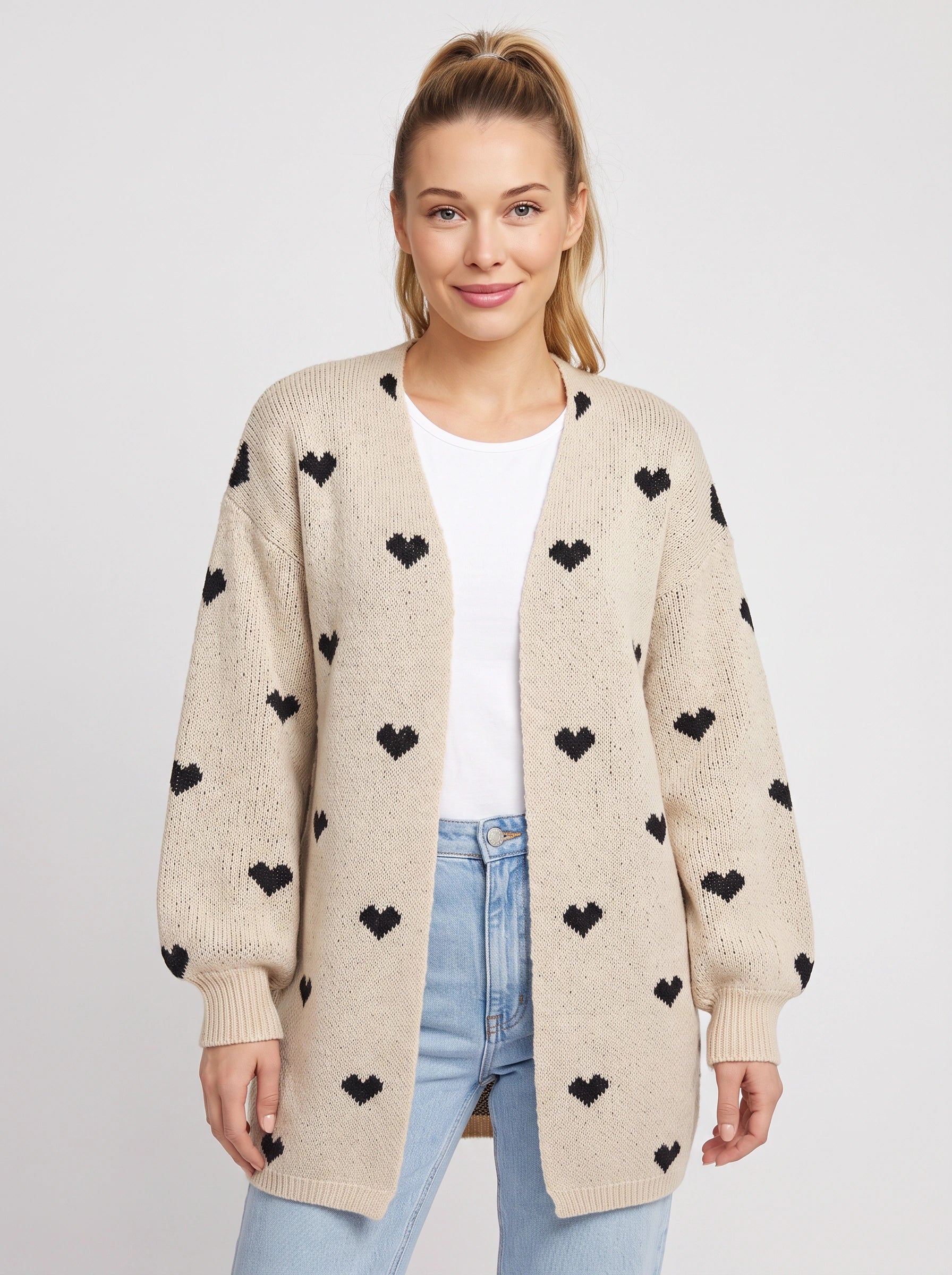 Corazzi Heart Pattern Longline Knit Cardigan – Oversized Open Front Women Winter Cozy Sweater Cardigan