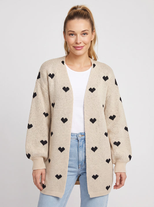 Corazzi Heart Pattern Longline Knit Cardigan – Oversized Open Front Women Winter Cozy Sweater Cardigan