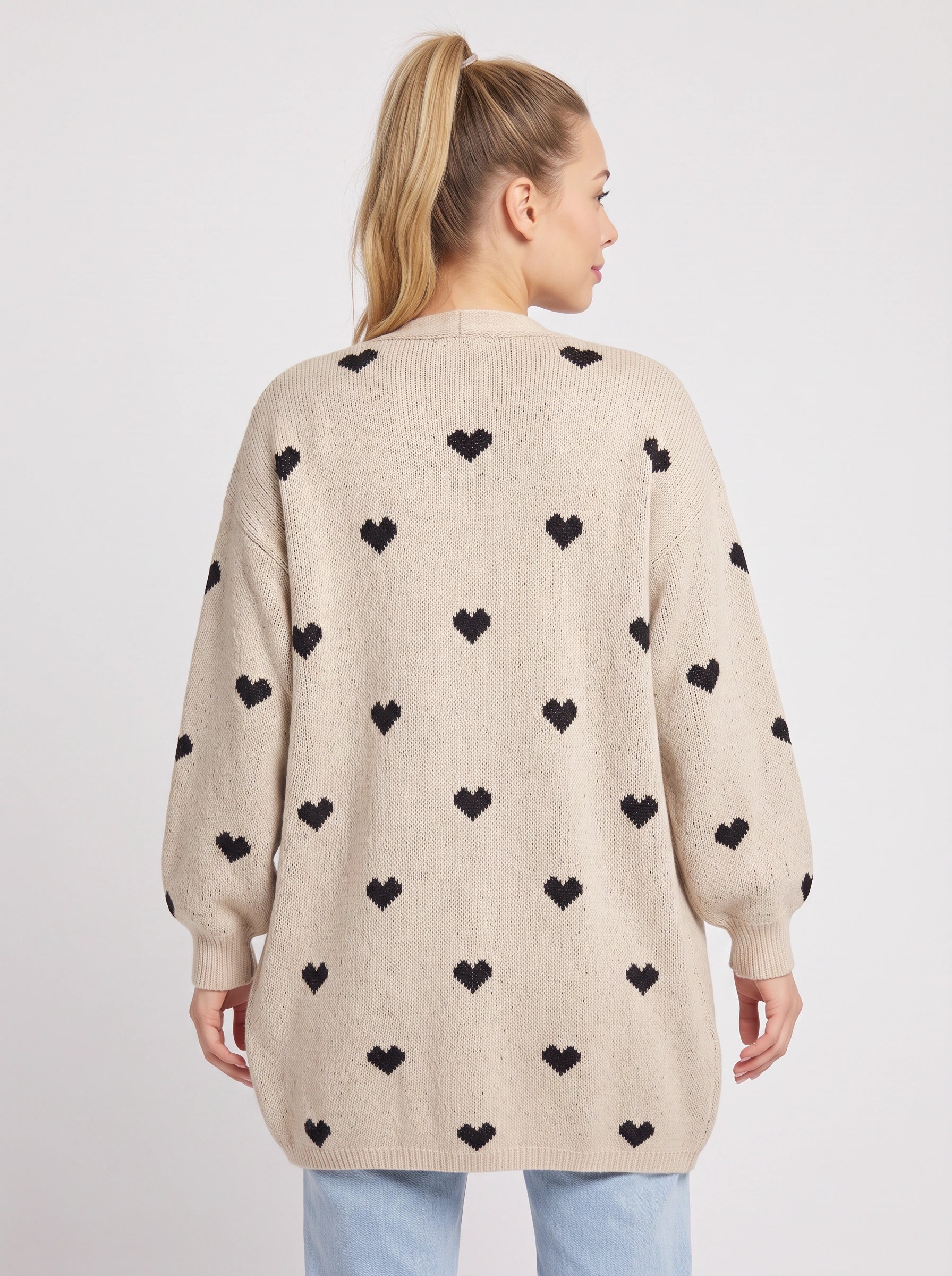 Corazzi Heart Pattern Longline Knit Cardigan – Oversized Open Front Women Winter Cozy Sweater Cardigan