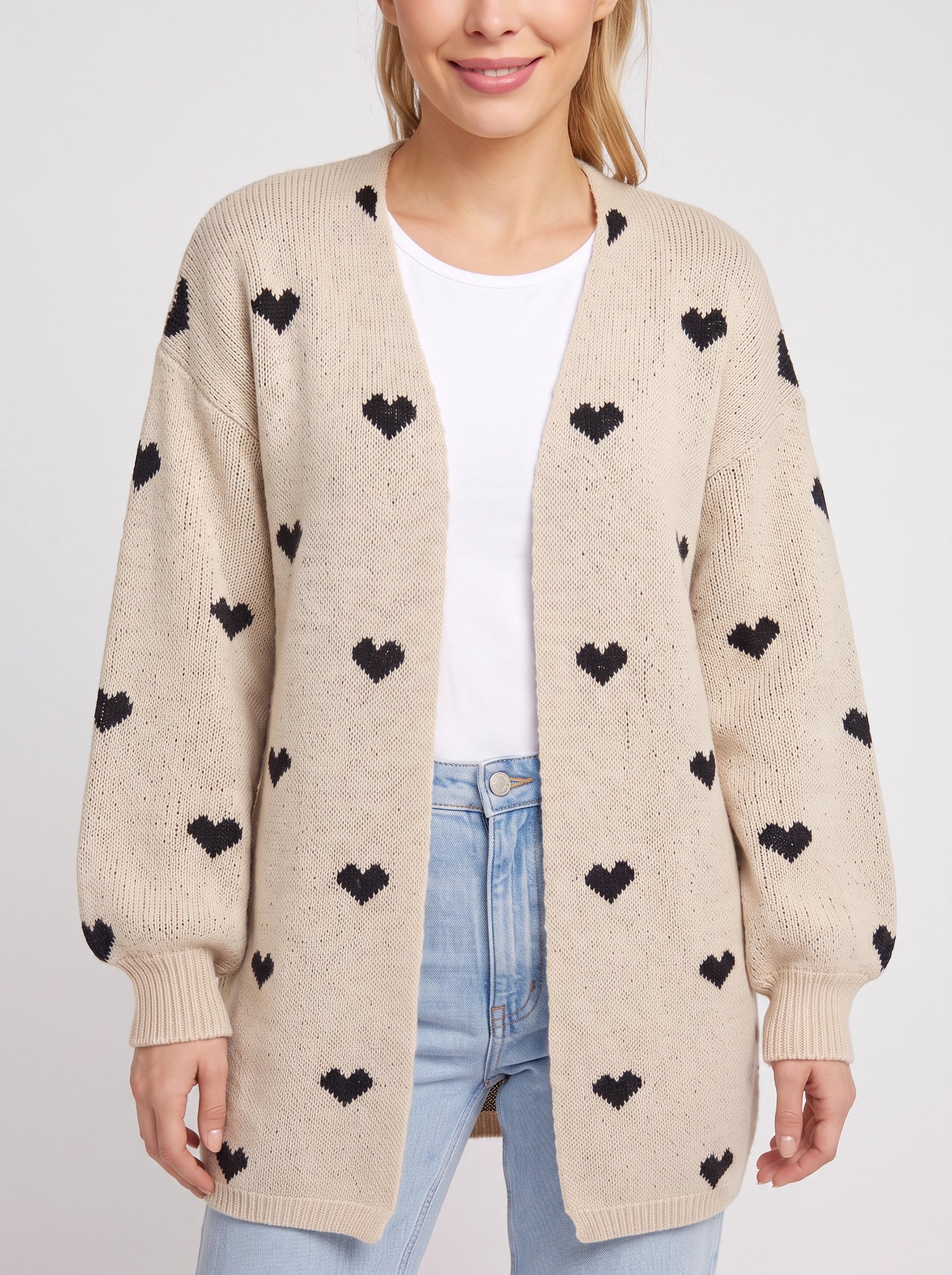 Corazzi Heart Pattern Longline Knit Cardigan – Oversized Open Front Women Winter Cozy Sweater Cardigan