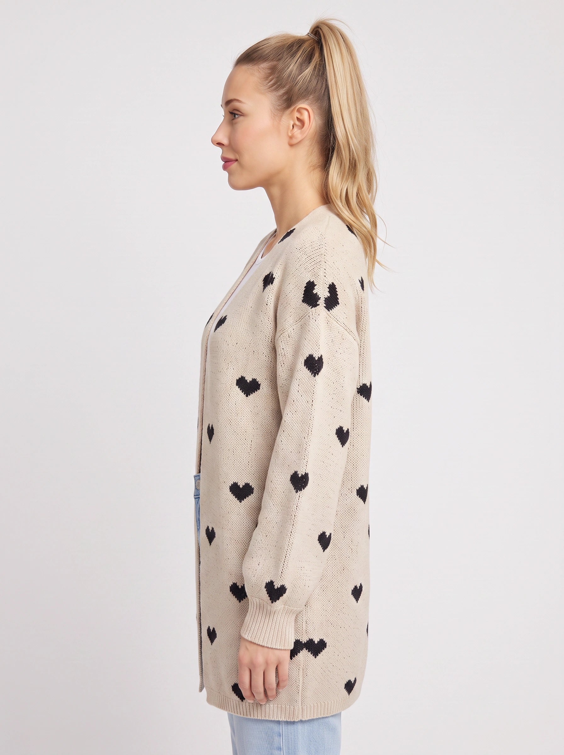 Corazzi Heart Pattern Longline Knit Cardigan – Oversized Open Front Women Winter Cozy Sweater Cardigan