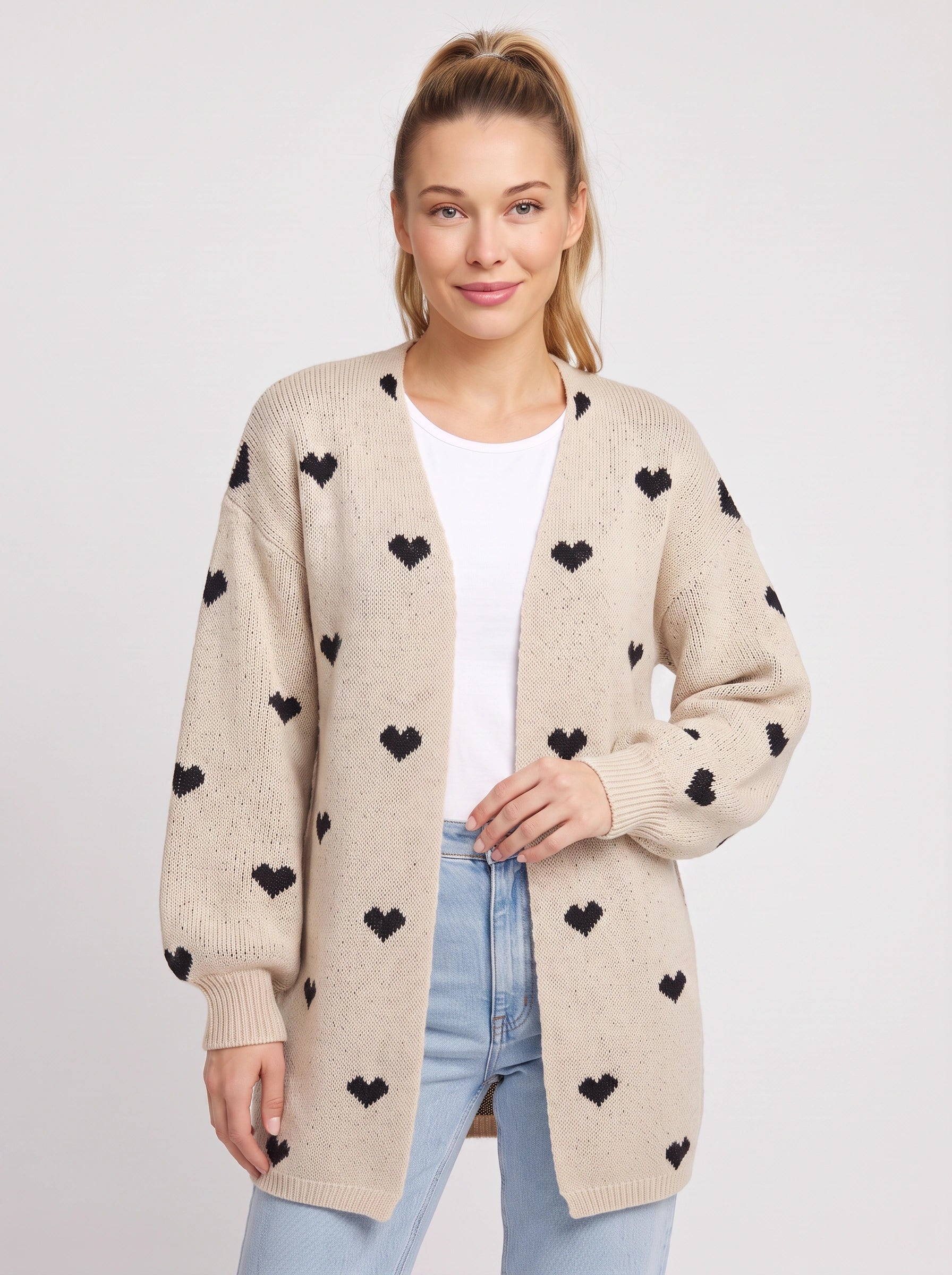 Corazzi Heart Pattern Longline Knit Cardigan – Oversized Open Front Women Winter Cozy Sweater Cardigan